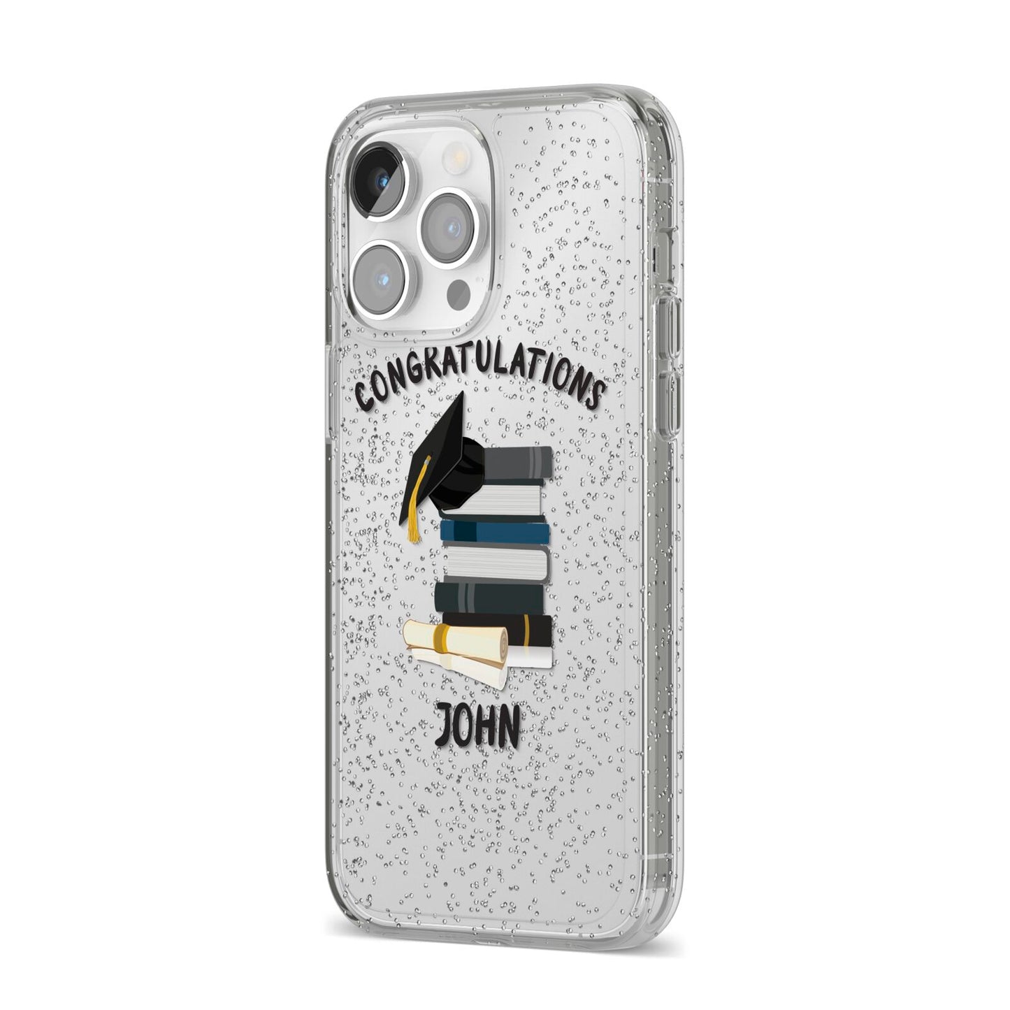 Congratulations Graduate iPhone 14 Pro Max Glitter Tough Case Silver Angled Image