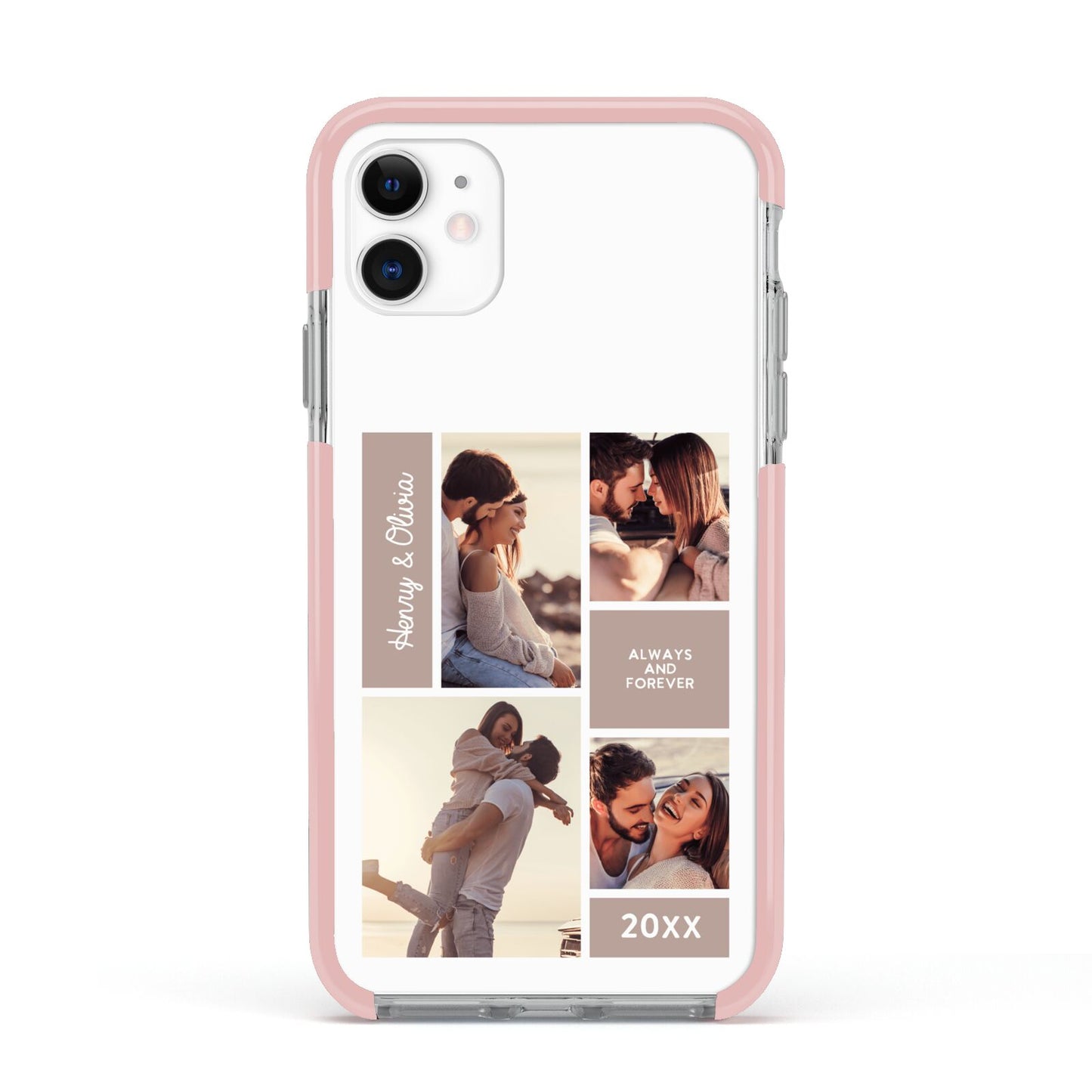 Couples Valentine Photo Collage Personalised Apple iPhone 11 in White with Pink Impact Case