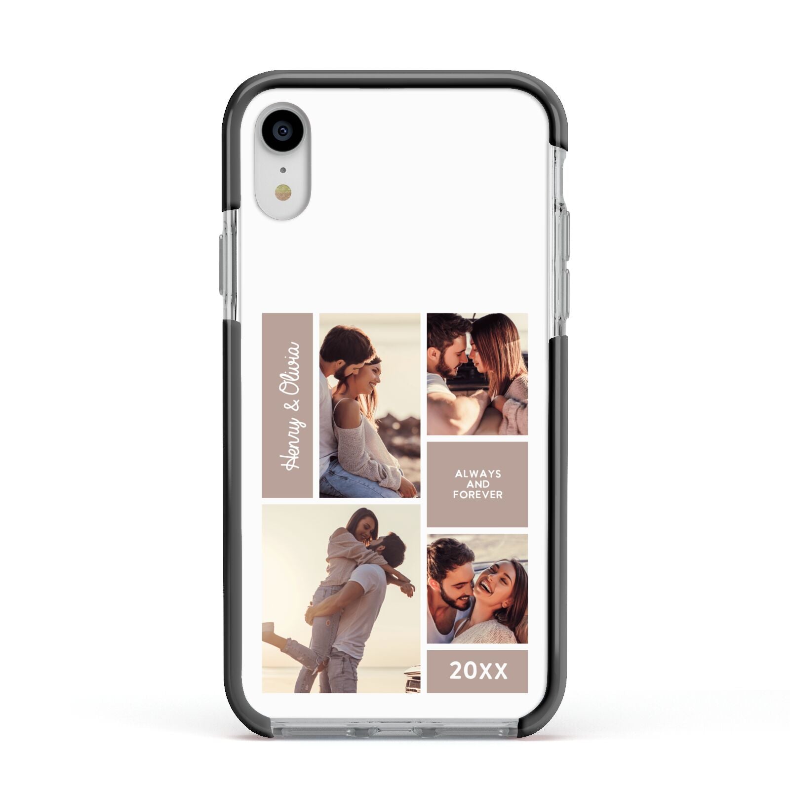 Couples Valentine Photo Collage Personalised Apple iPhone XR Impact Case Black Edge on Silver Phone
