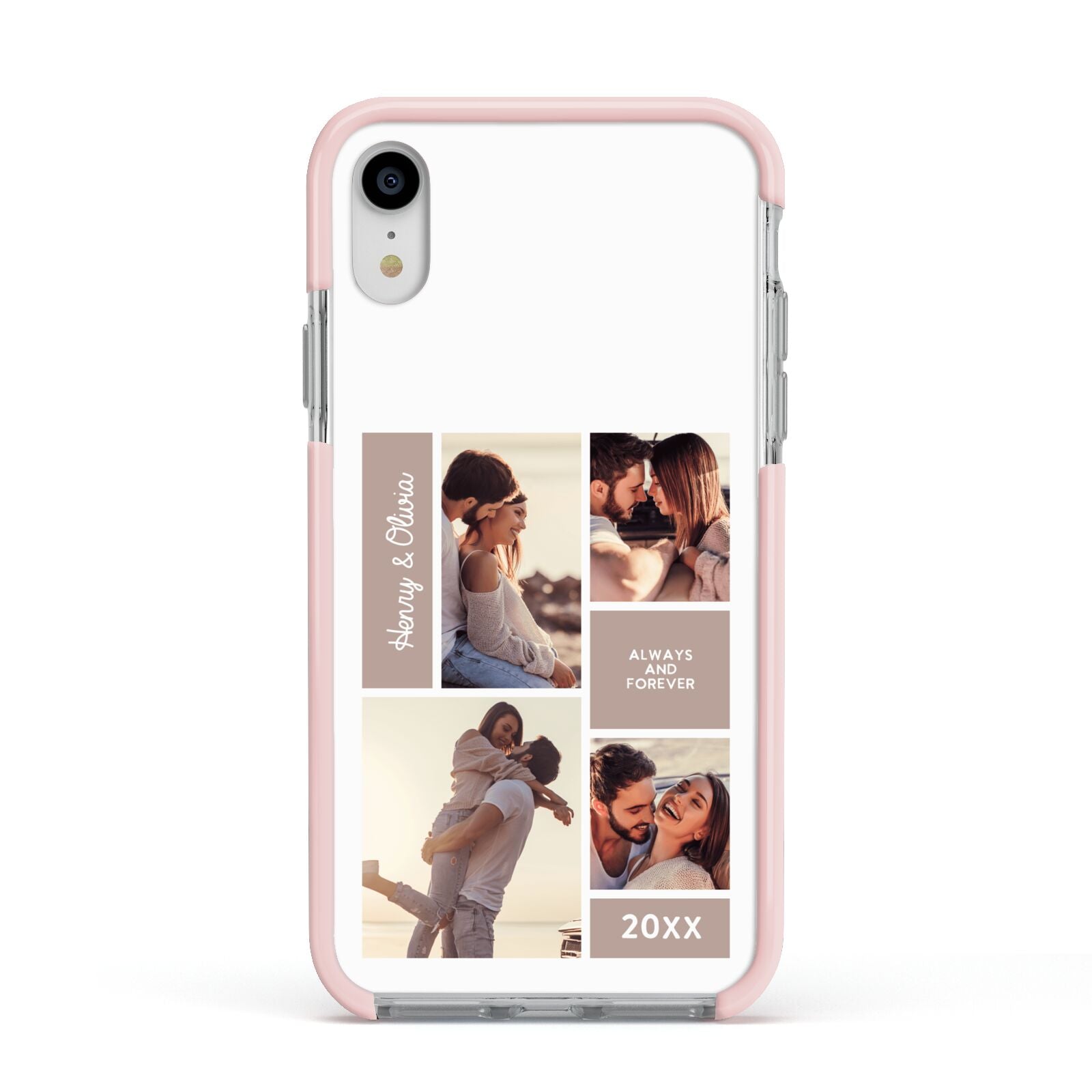 Couples Valentine Photo Collage Personalised Apple iPhone XR Impact Case Pink Edge on Silver Phone