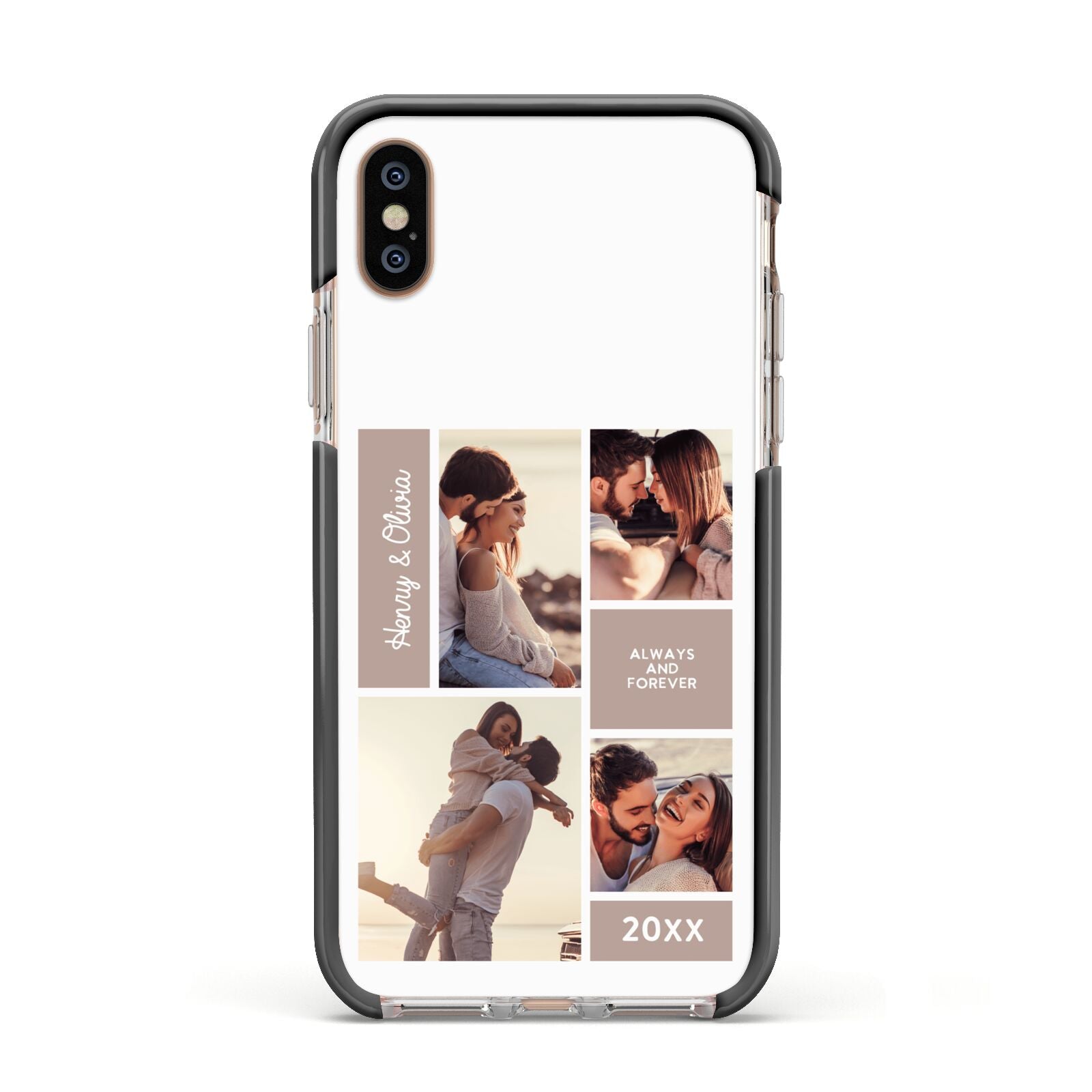 Couples Valentine Photo Collage Personalised Apple iPhone Xs Impact Case Black Edge on Gold Phone