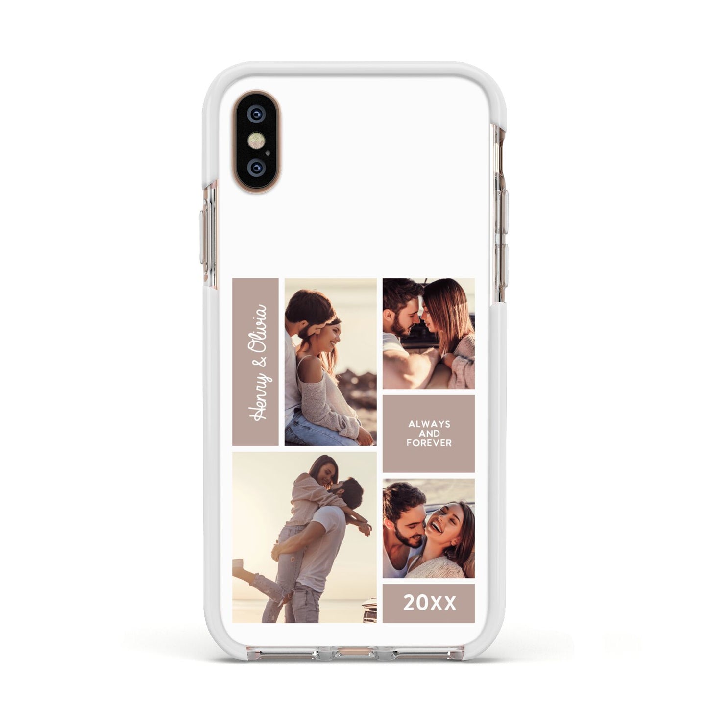 Couples Valentine Photo Collage Personalised Apple iPhone Xs Impact Case White Edge on Gold Phone