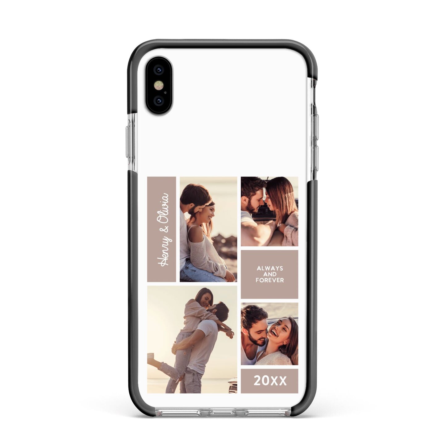 Couples Valentine Photo Collage Personalised Apple iPhone Xs Max Impact Case Black Edge on Silver Phone