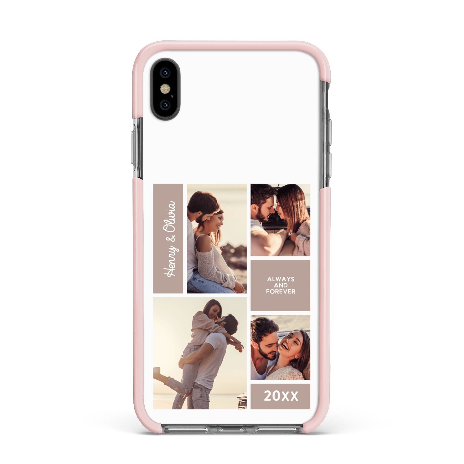 Couples Valentine Photo Collage Personalised Apple iPhone Xs Max Impact Case Pink Edge on Black Phone