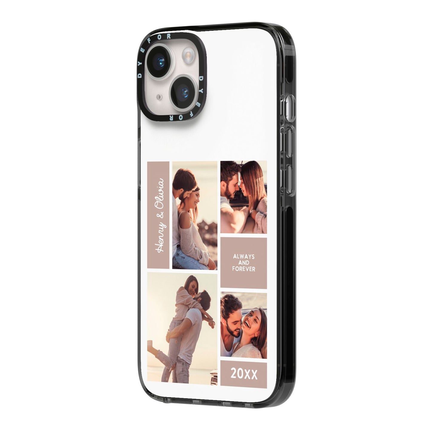 Couples Valentine Photo Collage Personalised iPhone 14 Black Impact Case Side Angle on Silver phone