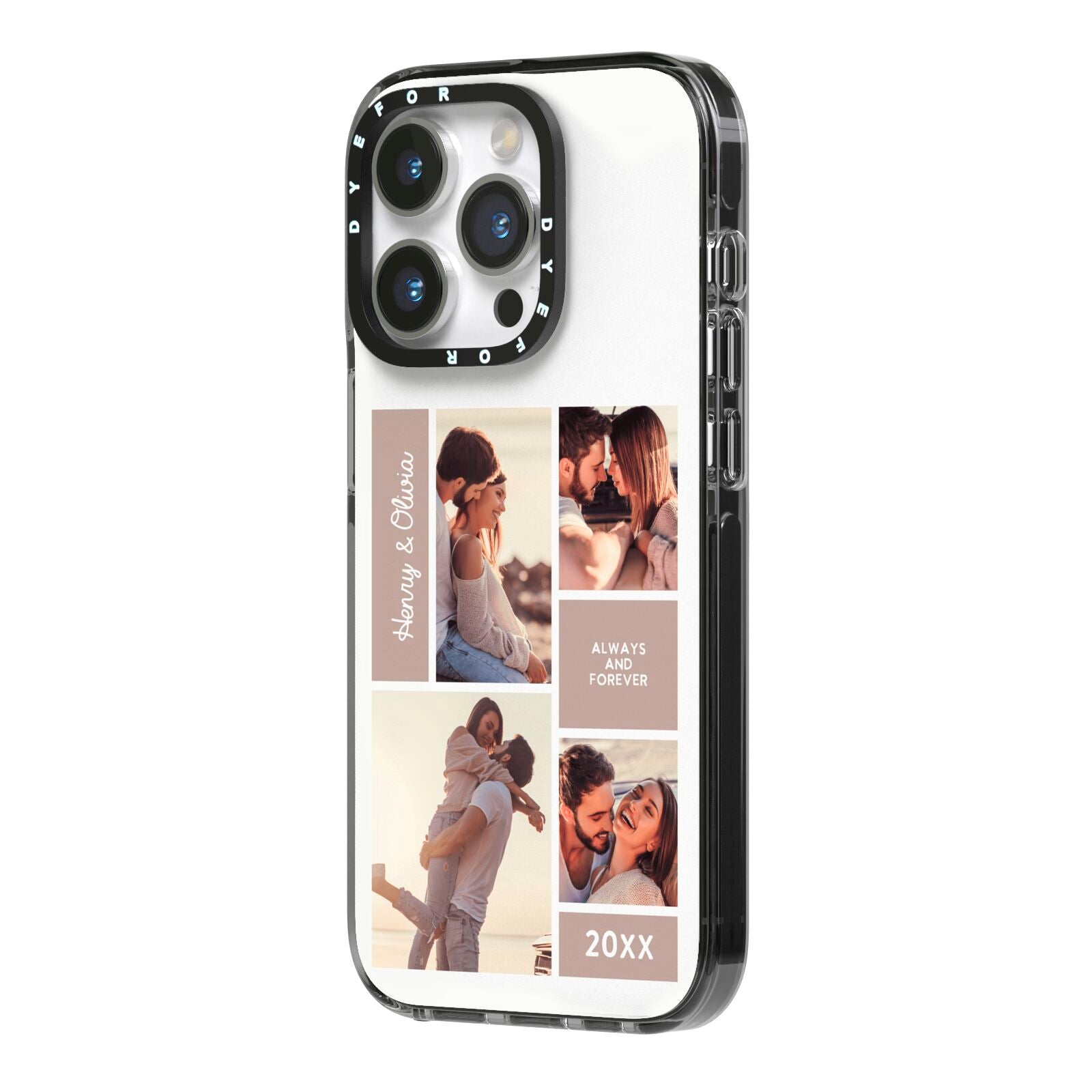 Couples Valentine Photo Collage Personalised iPhone 14 Pro Black Impact Case Side Angle on Silver phone
