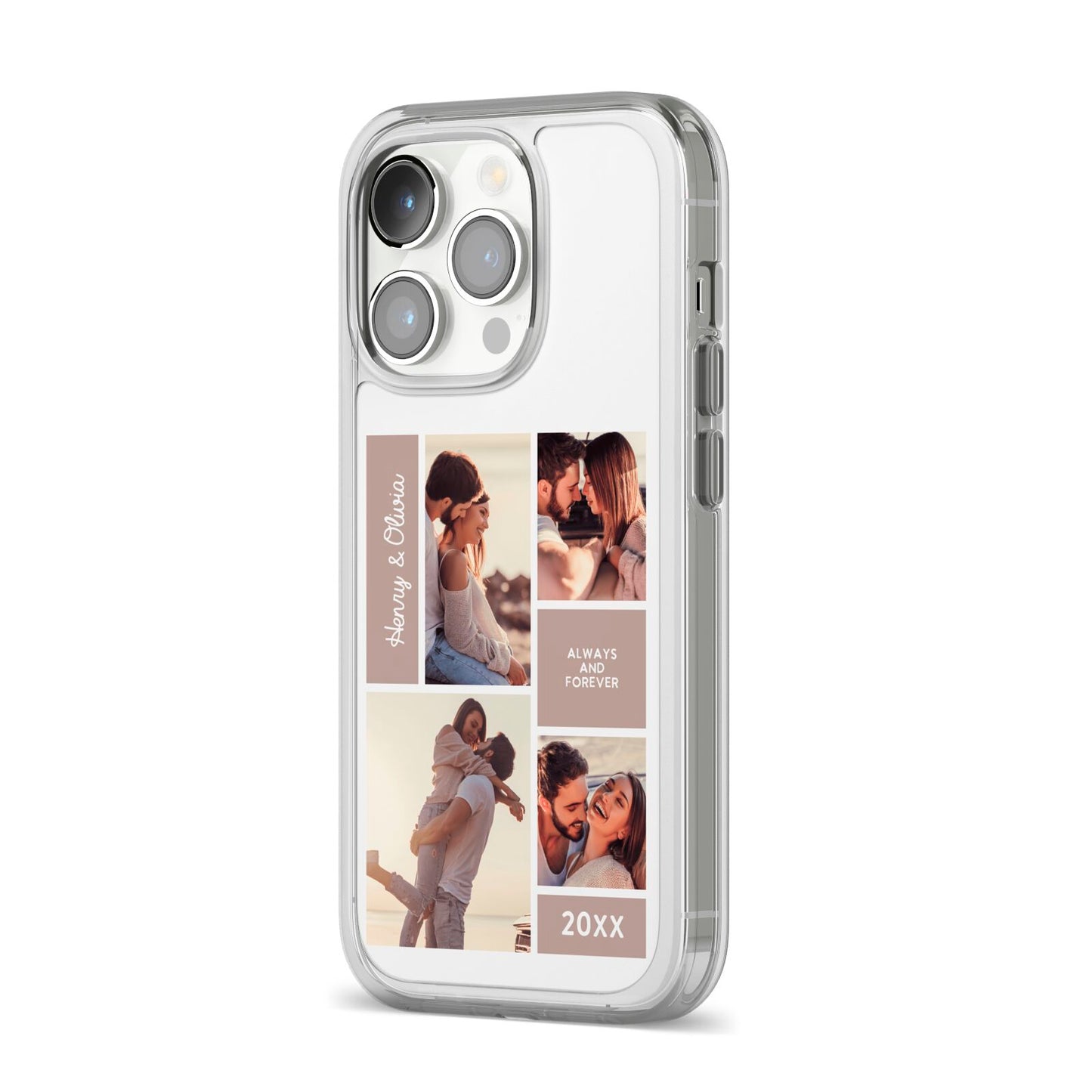 Couples Valentine Photo Collage Personalised iPhone 14 Pro Clear Tough Case Silver Angled Image