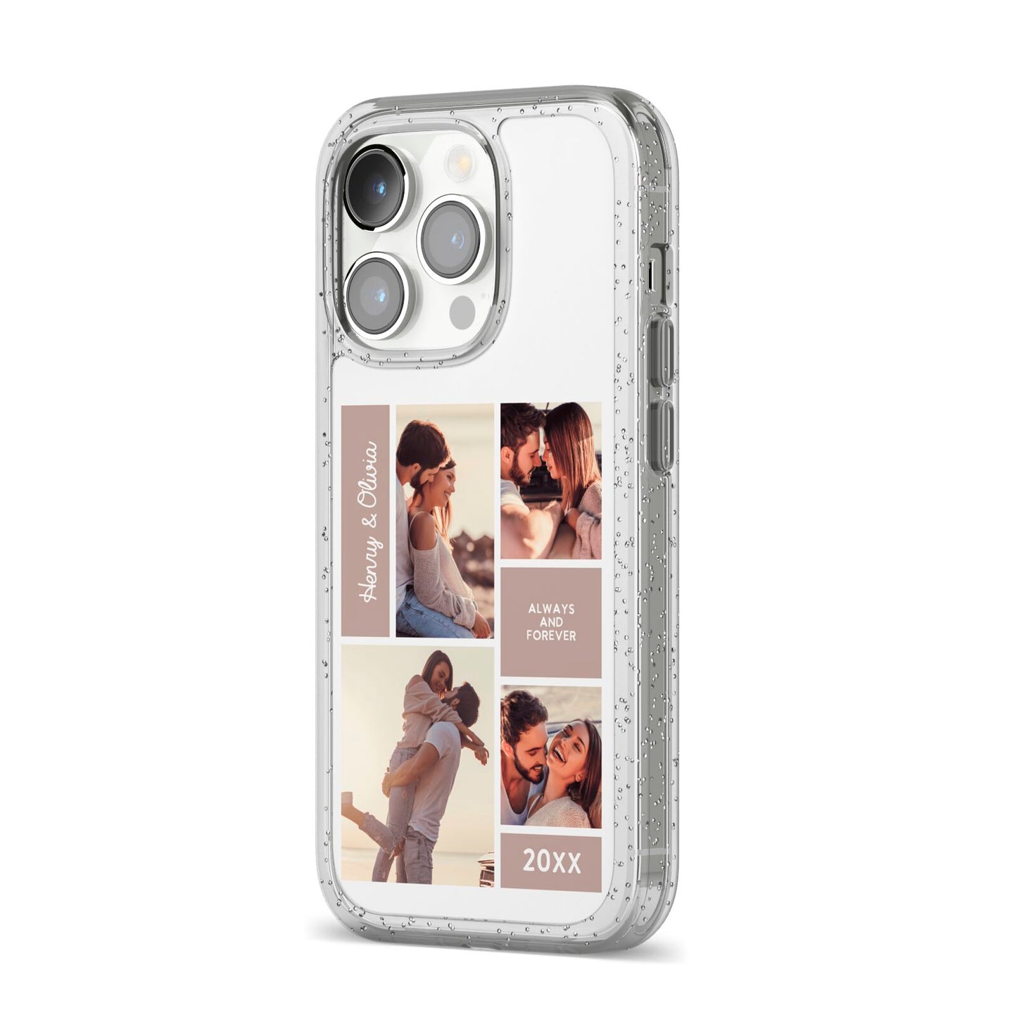 Couples Valentine Photo Collage Personalised iPhone 14 Pro Glitter Tough Case Silver Angled Image