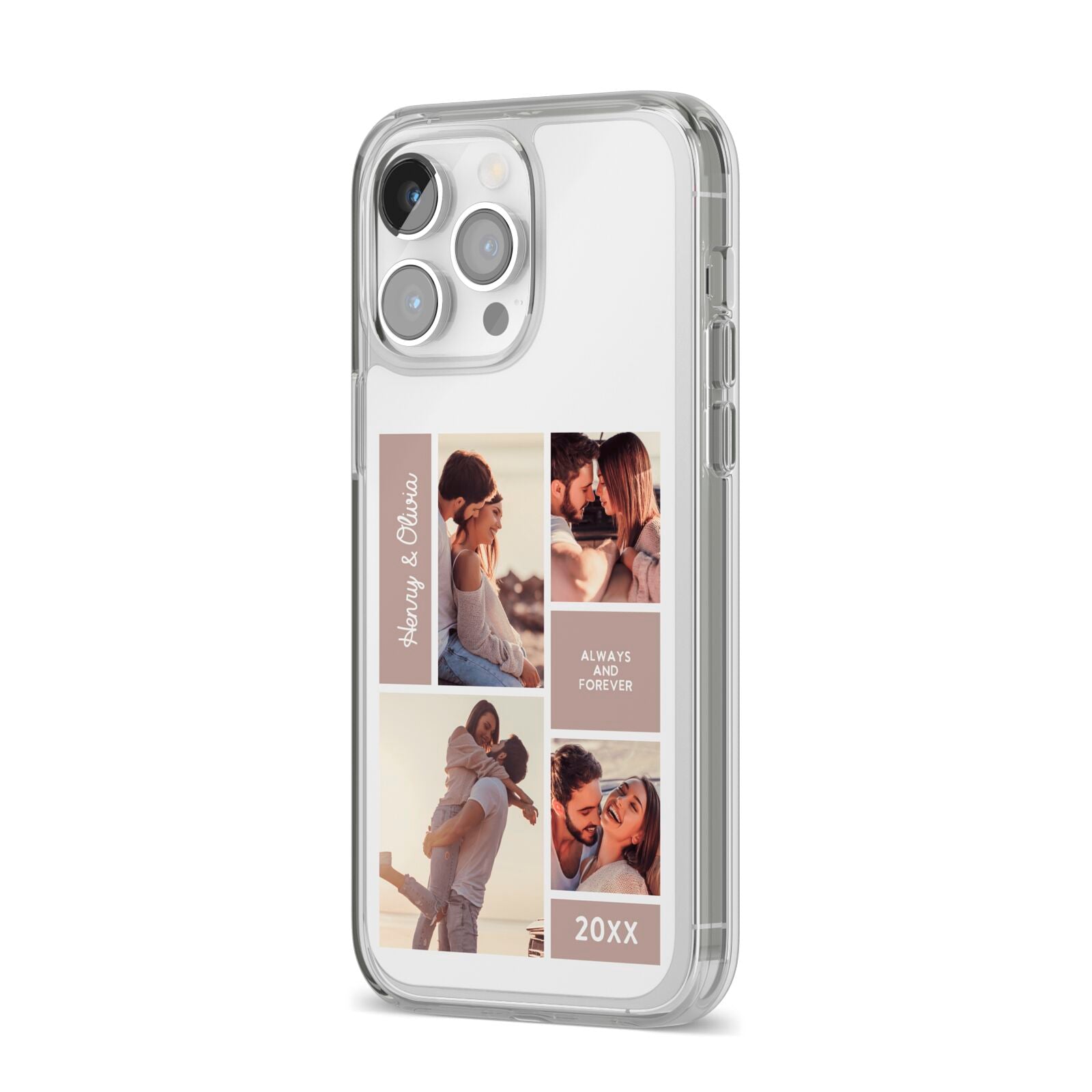 Couples Valentine Photo Collage Personalised iPhone 14 Pro Max Clear Tough Case Silver Angled Image