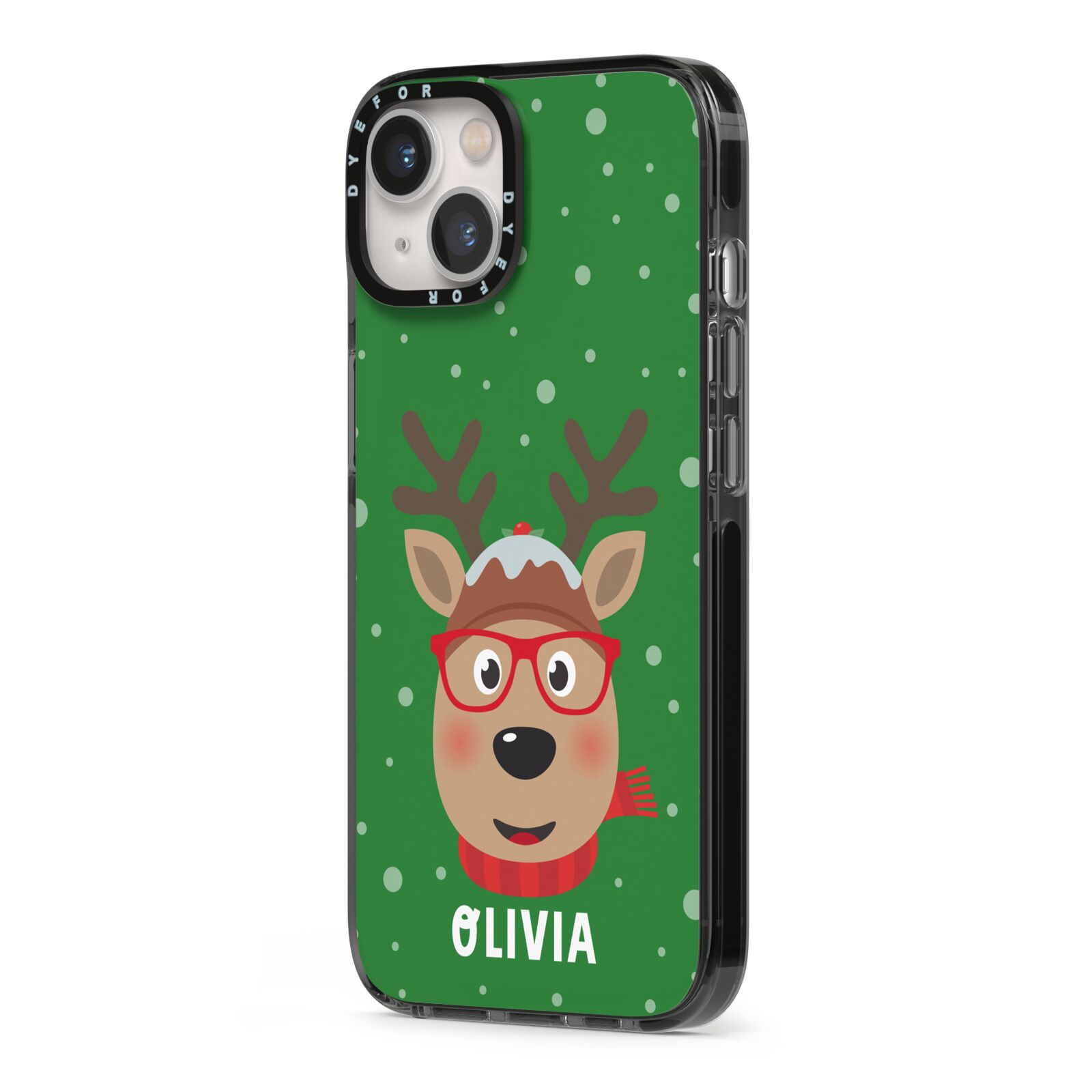 Create Your Own Reindeer Personalised iPhone 13 Black Impact Case Side Angle on Silver phone