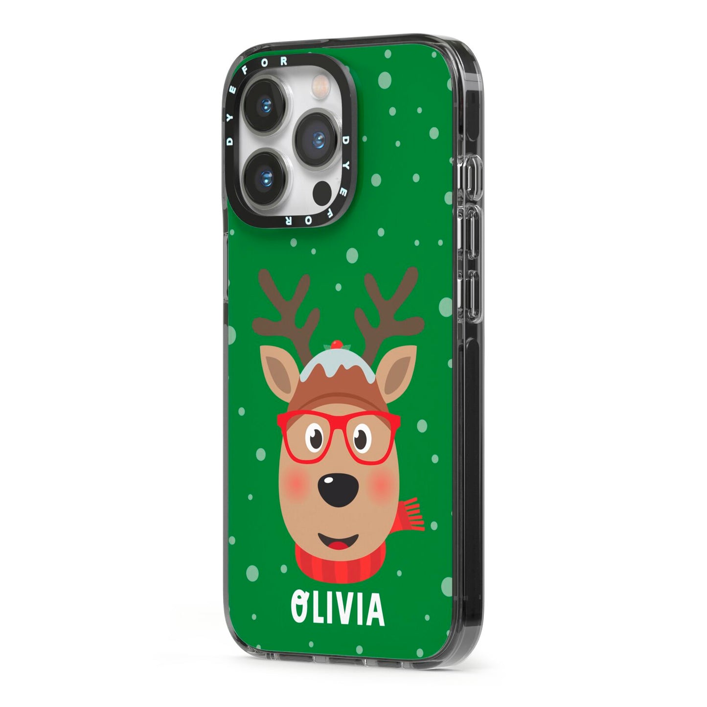 Create Your Own Reindeer Personalised iPhone 13 Pro Black Impact Case Side Angle on Silver phone