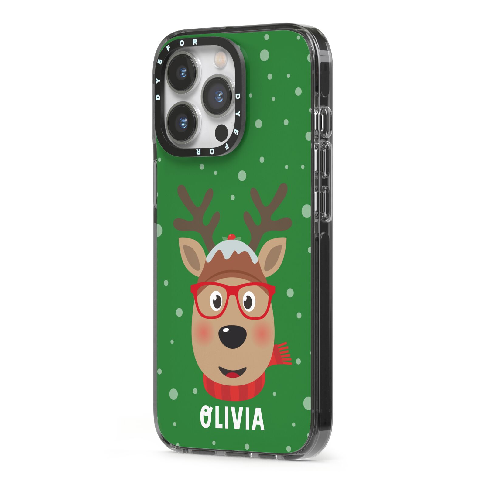 Create Your Own Reindeer Personalised iPhone 13 Pro Black Impact Case Side Angle on Silver phone