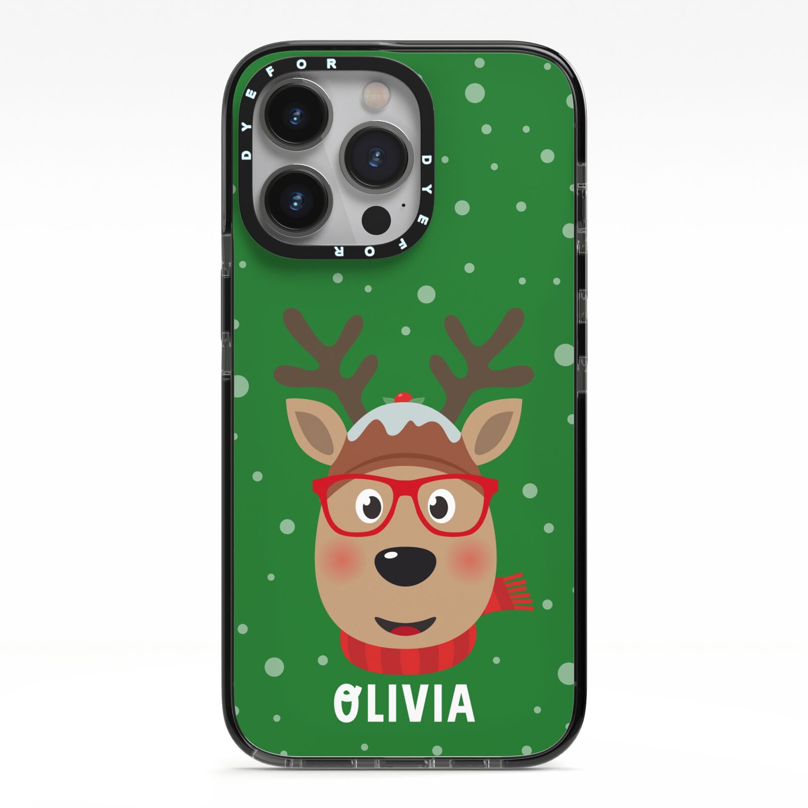 Create Your Own Reindeer Personalised iPhone 13 Pro Black Impact Case on Silver phone