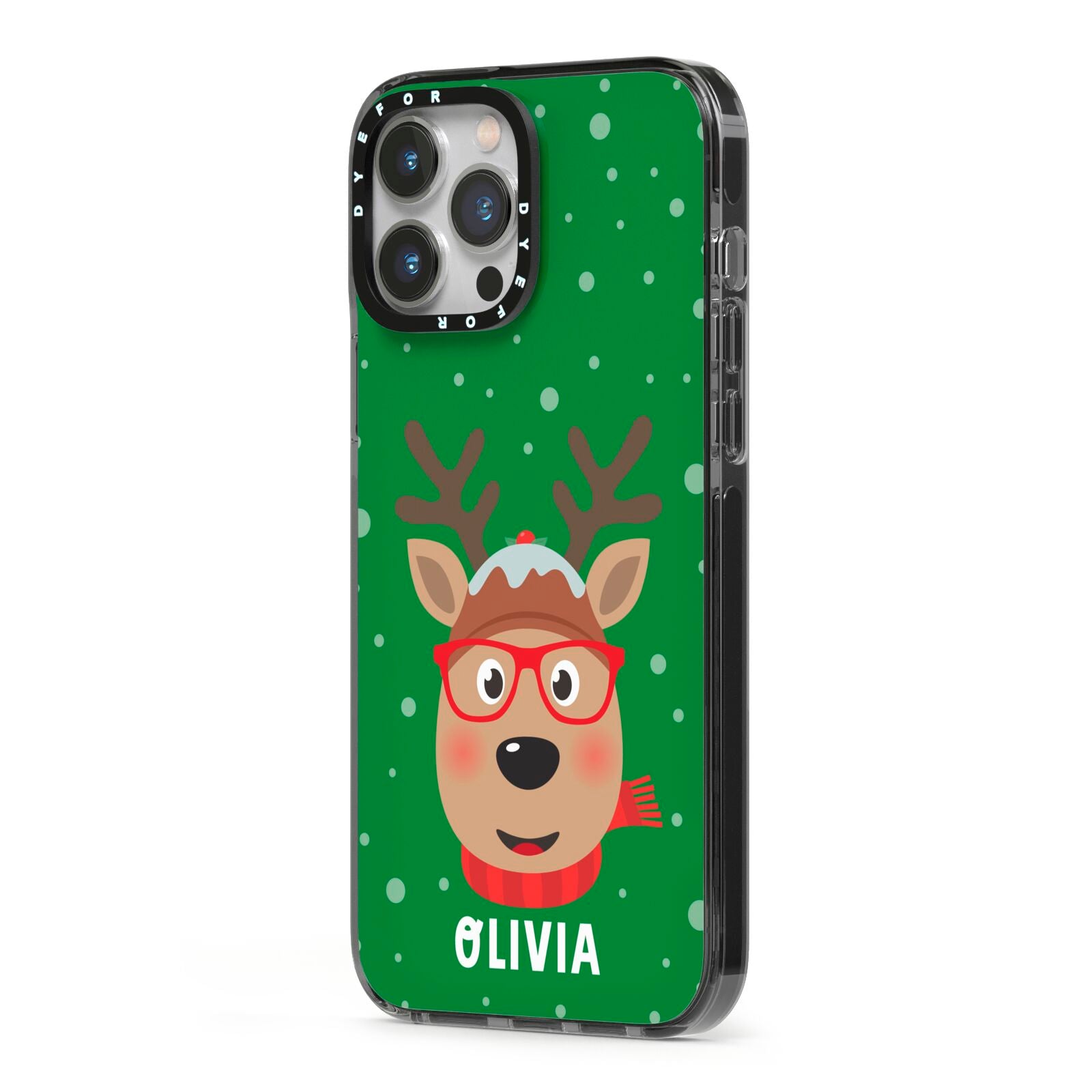 Create Your Own Reindeer Personalised iPhone 13 Pro Max Black Impact Case Side Angle on Silver phone