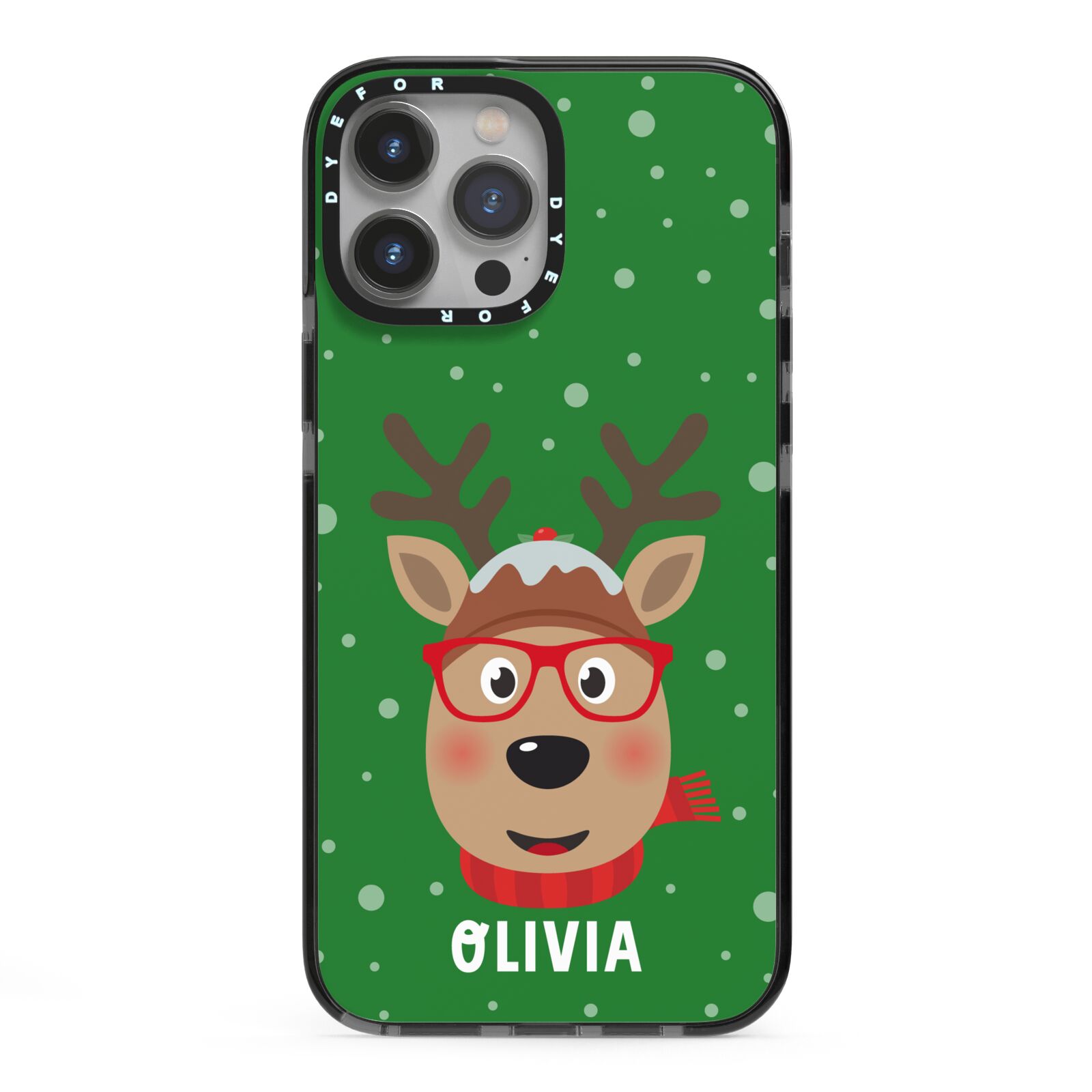 Create Your Own Reindeer Personalised iPhone 13 Pro Max Black Impact Case on Silver phone