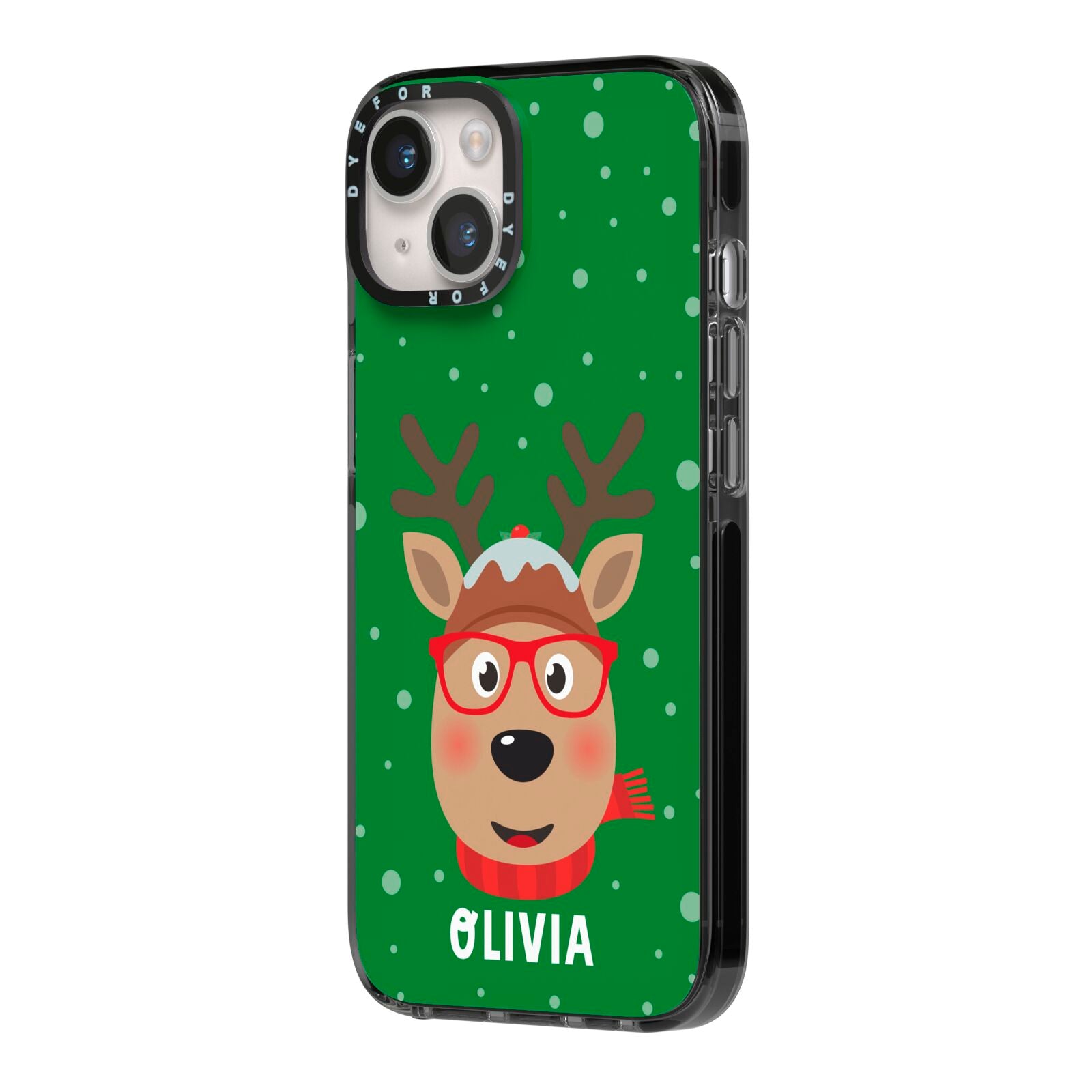 Create Your Own Reindeer Personalised iPhone 14 Black Impact Case Side Angle on Silver phone