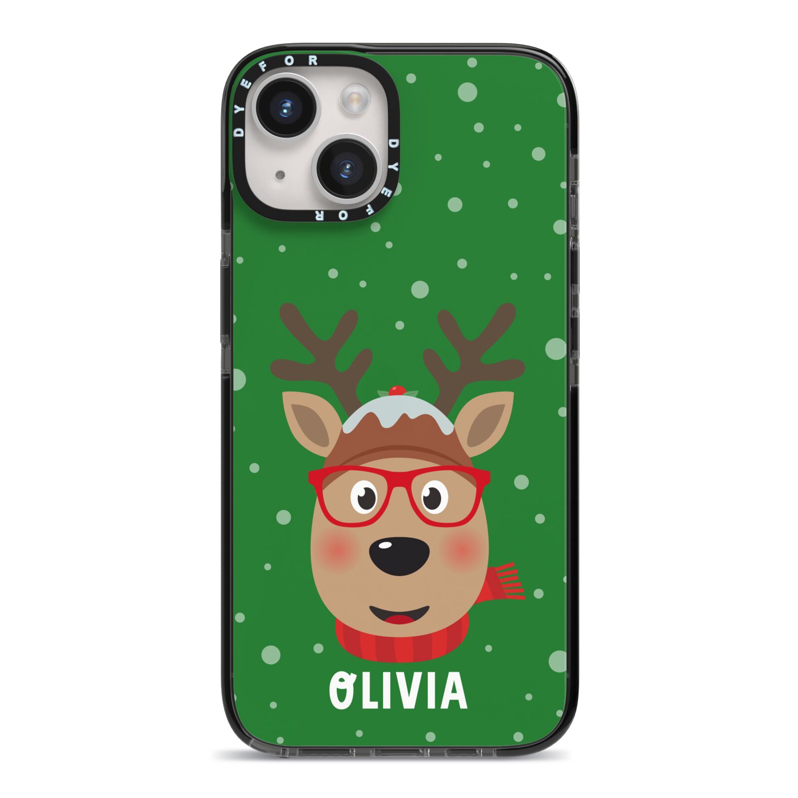 Create Your Own Reindeer Personalised iPhone 14 Black Impact Case on Silver phone