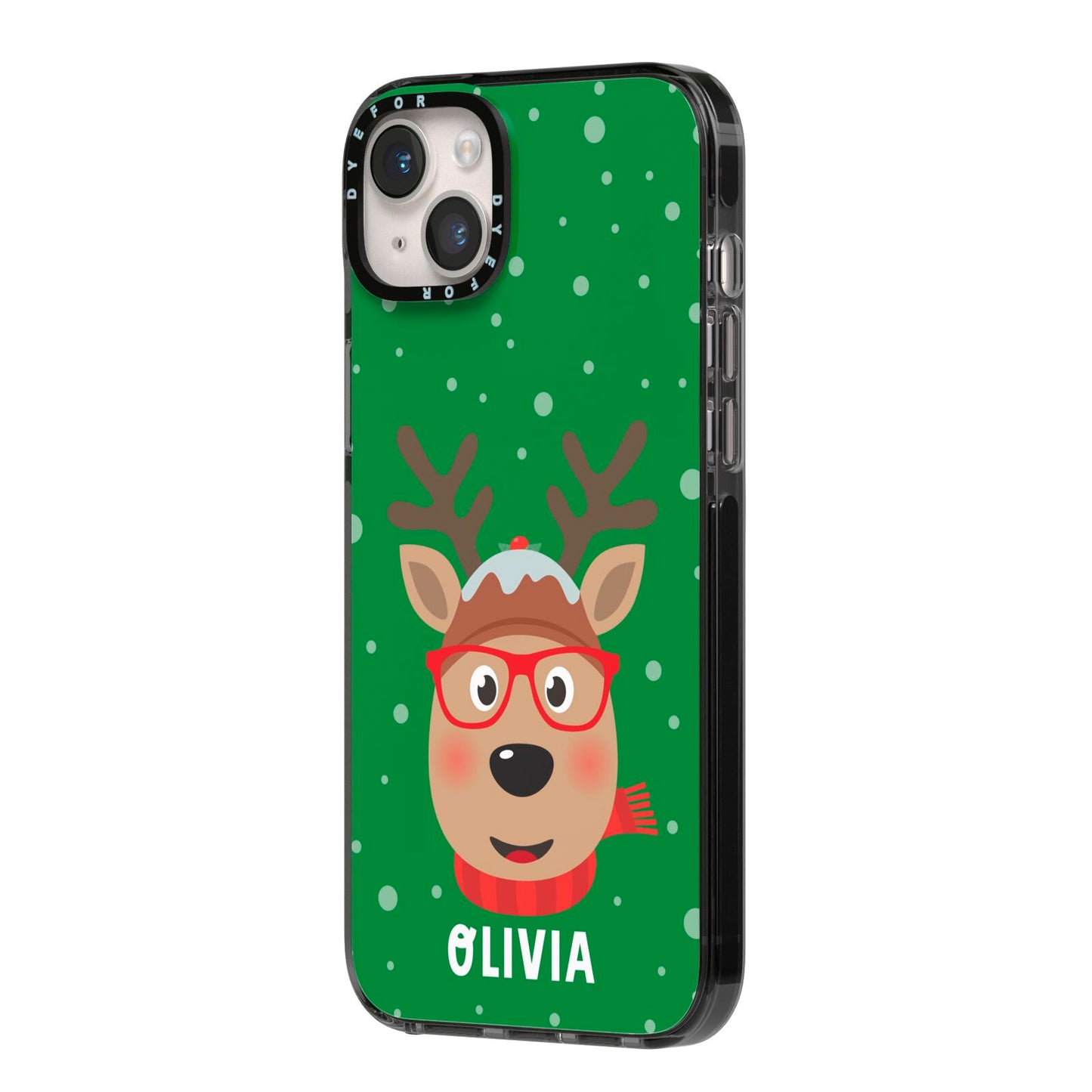 Create Your Own Reindeer Personalised iPhone 14 Plus Black Impact Case Side Angle on Silver phone