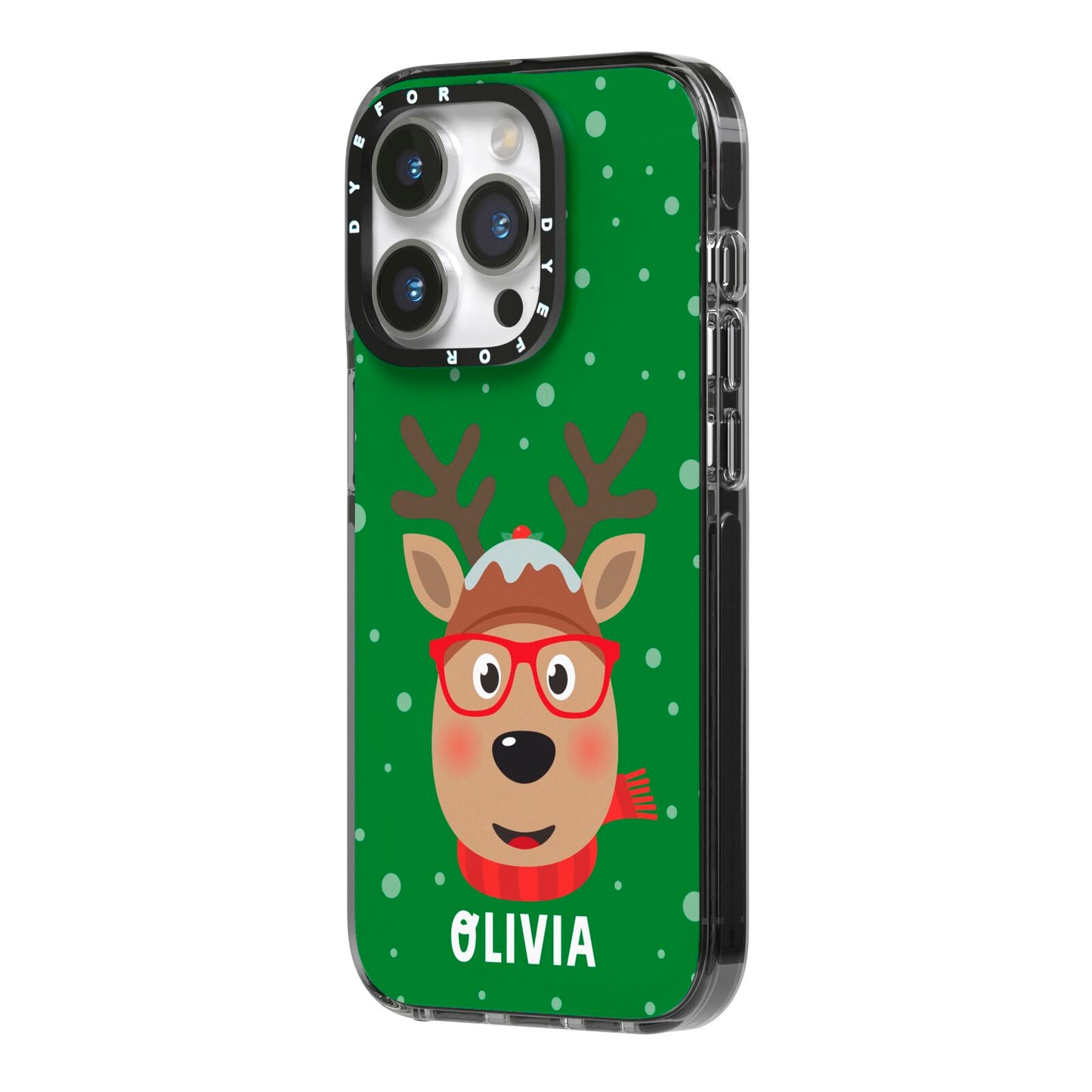 Create Your Own Reindeer Personalised iPhone 14 Pro Black Impact Case Side Angle on Silver phone