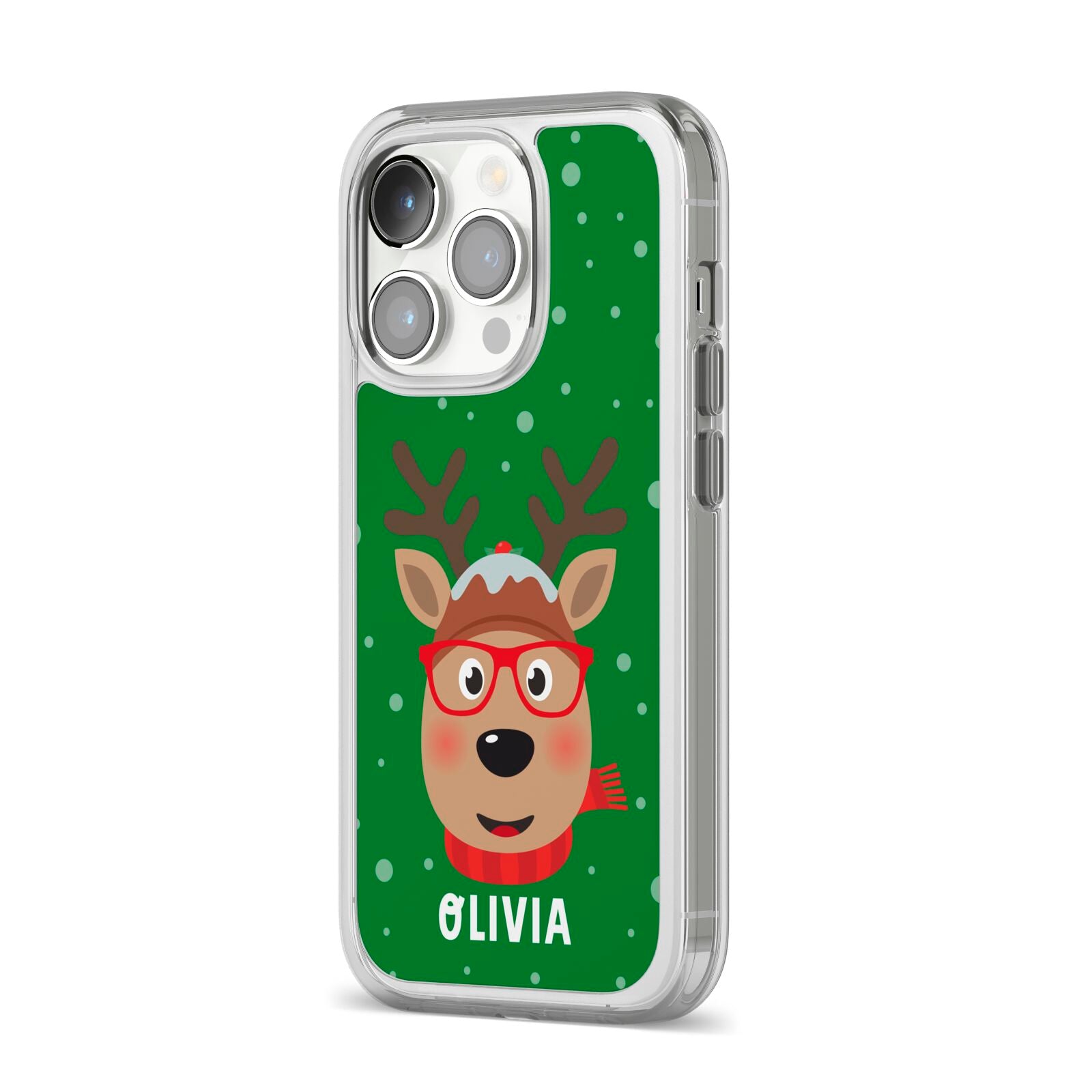 Create Your Own Reindeer Personalised iPhone 14 Pro Clear Tough Case Silver Angled Image