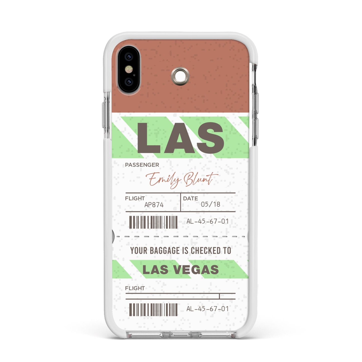 Custom Baggage Tag Apple iPhone Xs Max Impact Case White Edge on Silver Phone
