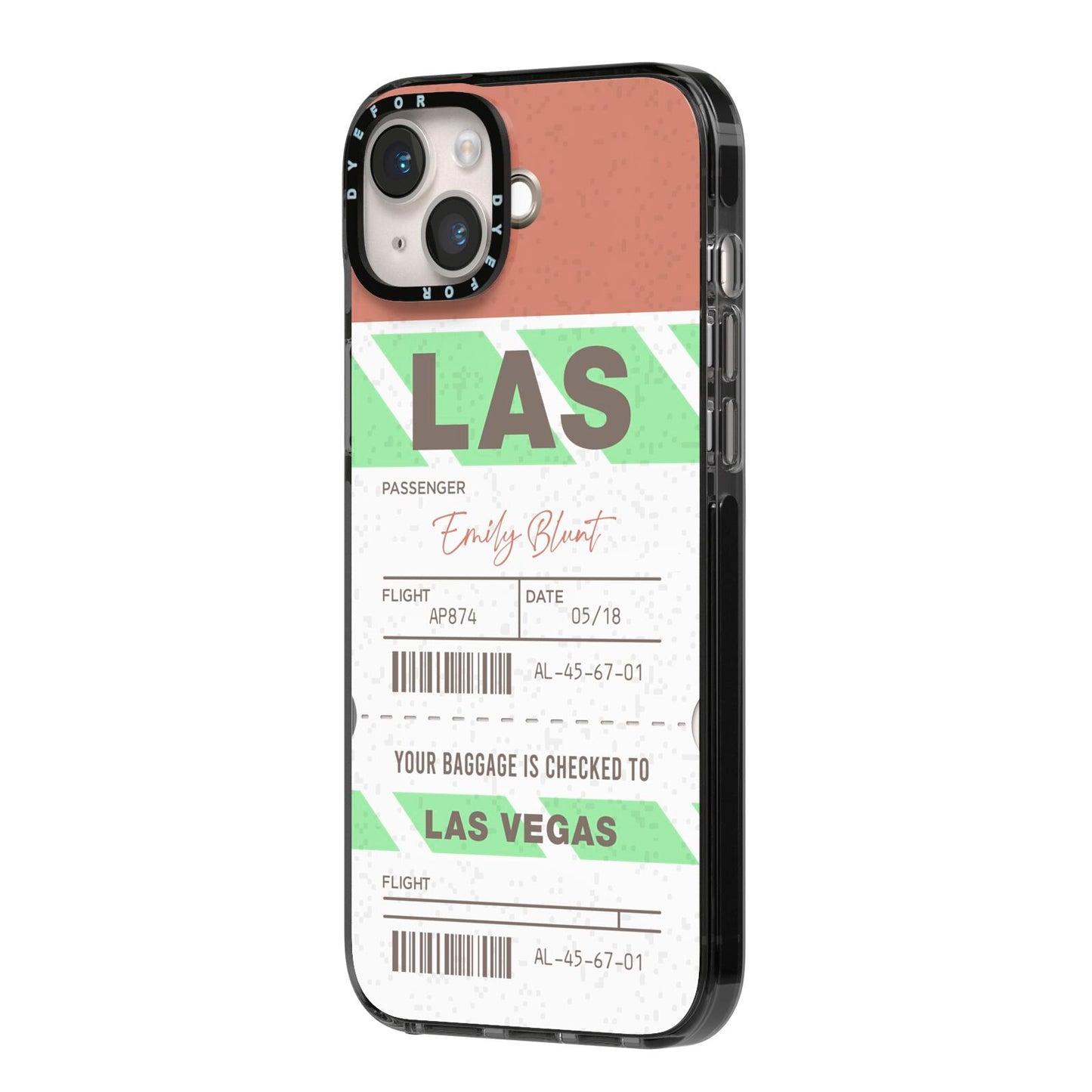 Custom Baggage Tag iPhone 14 Plus Black Impact Case Side Angle on Silver phone
