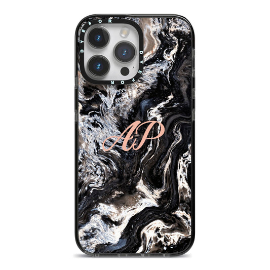 Custom Black Swirl Marble iPhone 14 Pro Max Black Impact Case on Silver phone