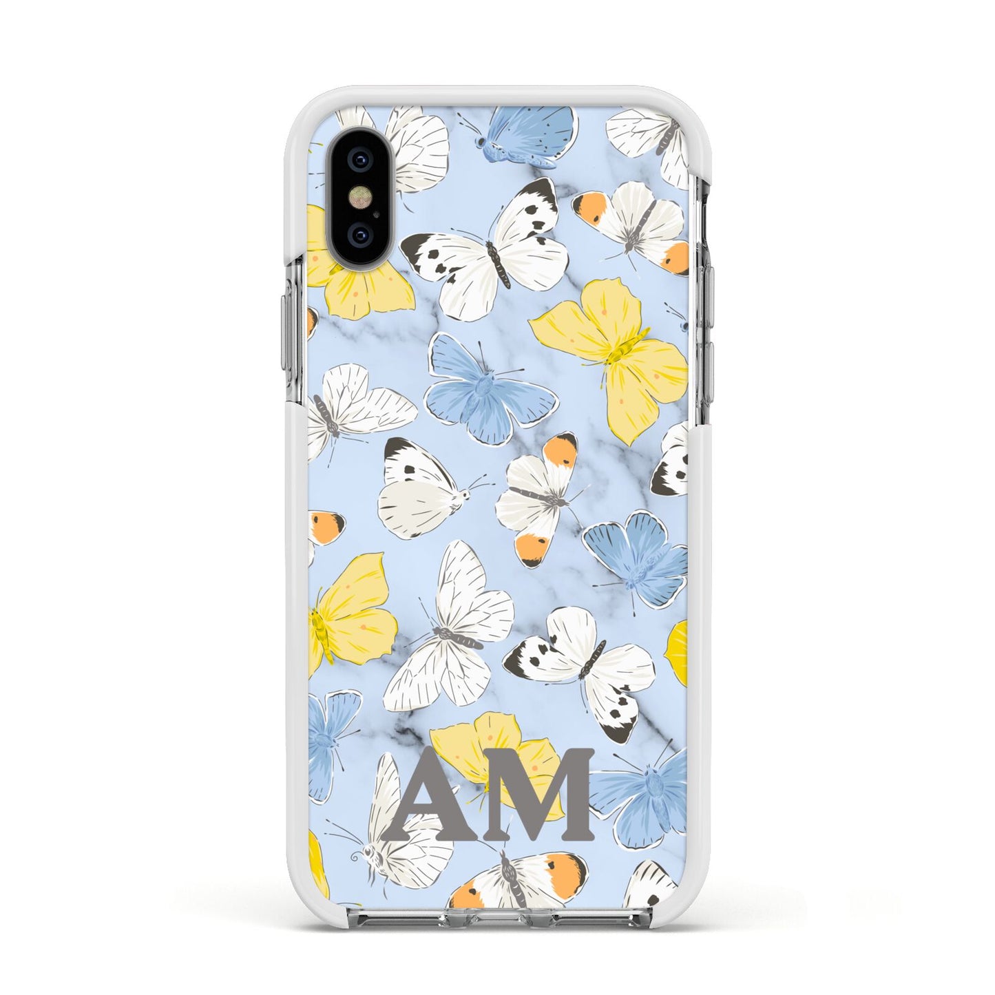 Custom Butterfly Apple iPhone Xs Impact Case White Edge on Silver Phone
