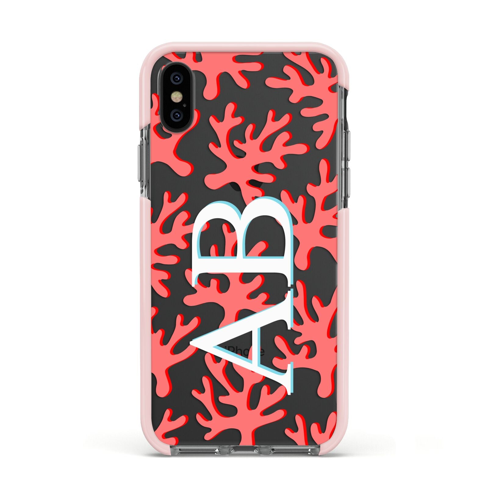 Custom Coral Initials Apple iPhone Xs Impact Case Pink Edge on Black Phone