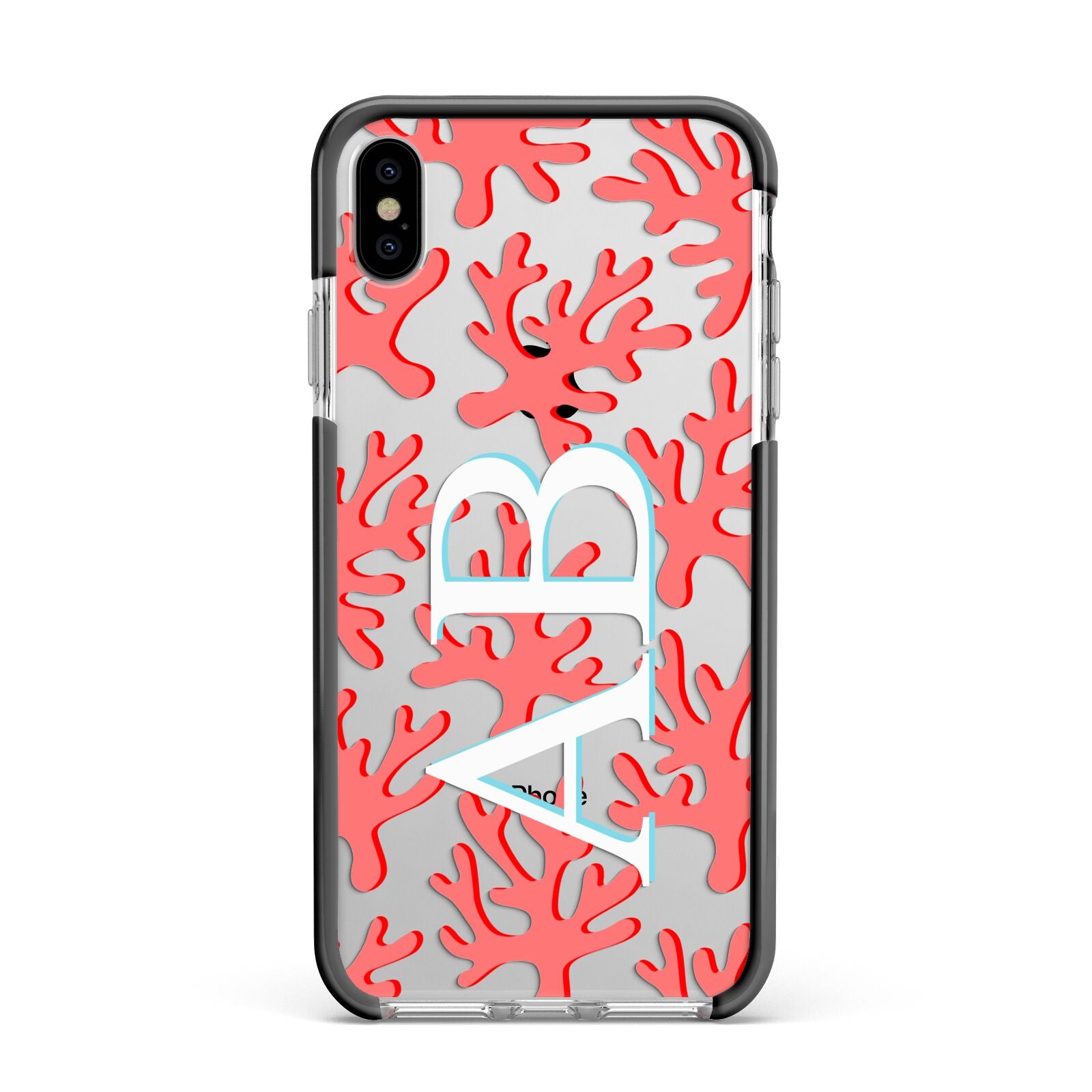 Custom Coral Initials Apple iPhone Xs Max Impact Case Black Edge on Silver Phone
