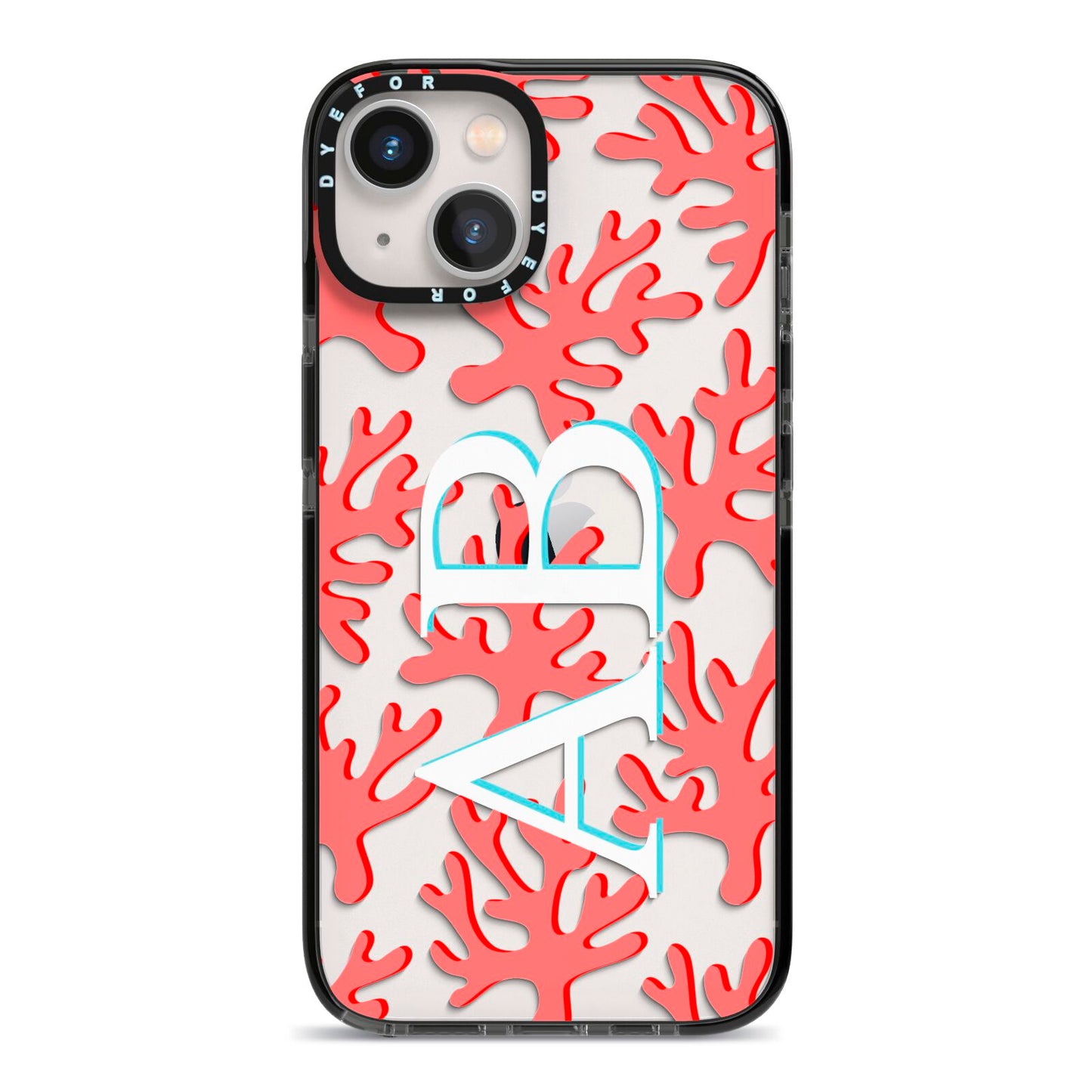 Custom Coral Initials iPhone 13 Black Impact Case on Silver phone