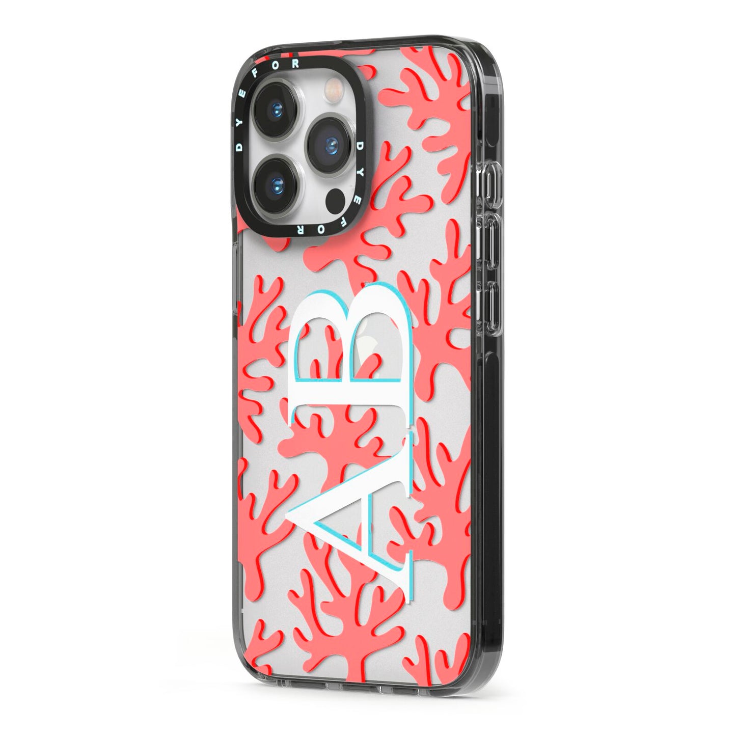 Custom Coral Initials iPhone 13 Pro Black Impact Case Side Angle on Silver phone