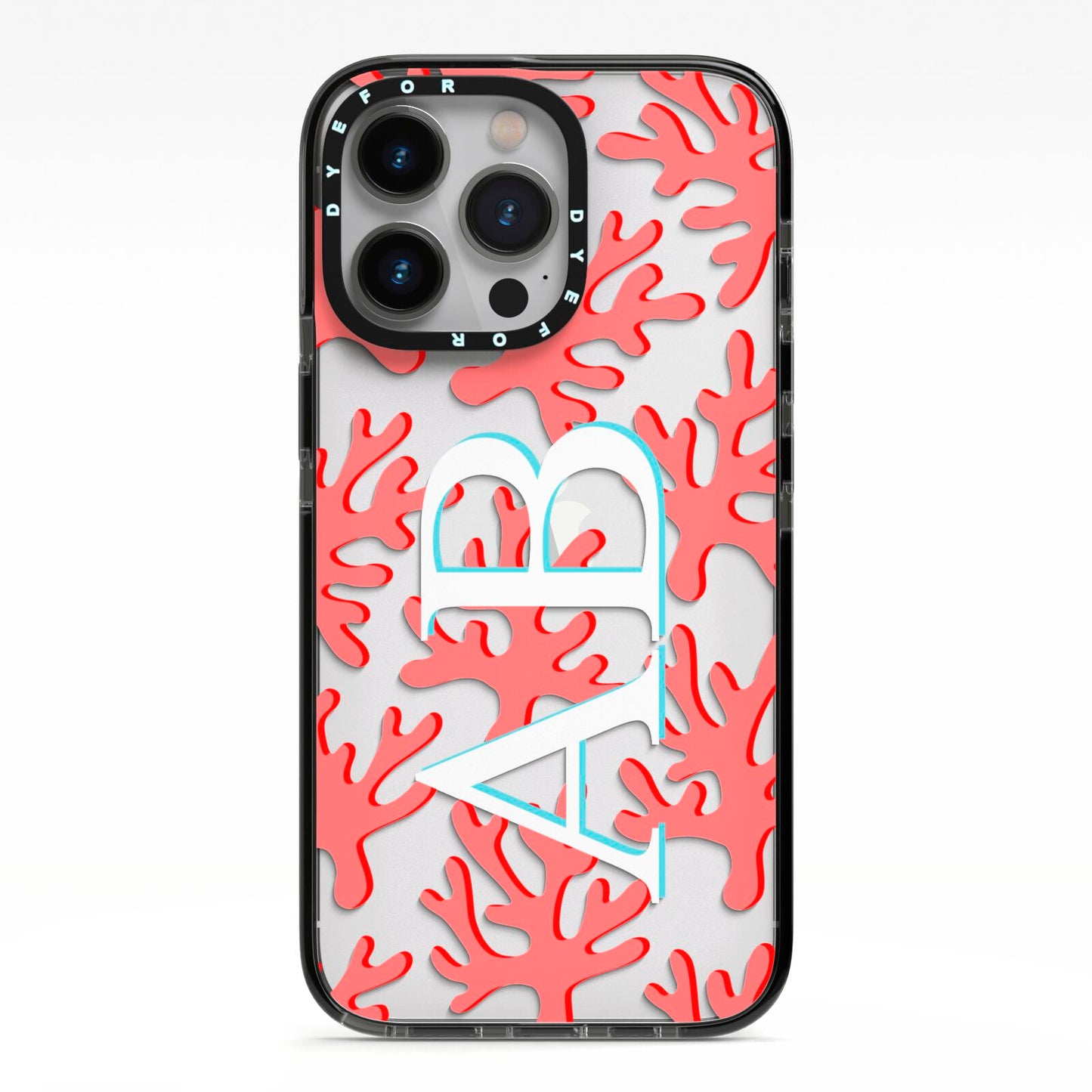 Custom Coral Initials iPhone 13 Pro Black Impact Case on Silver phone