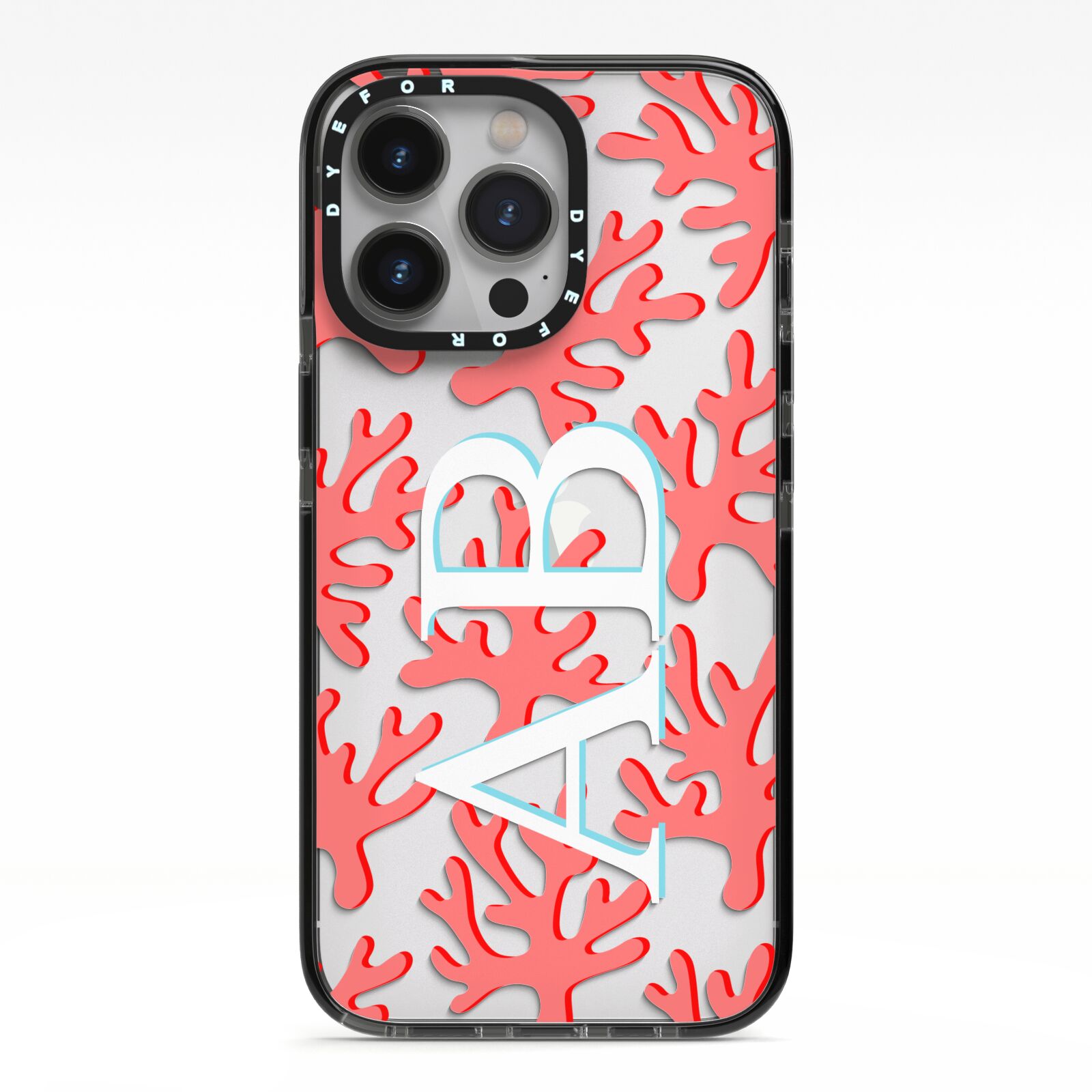 Custom Coral Initials iPhone 13 Pro Black Impact Case on Silver phone
