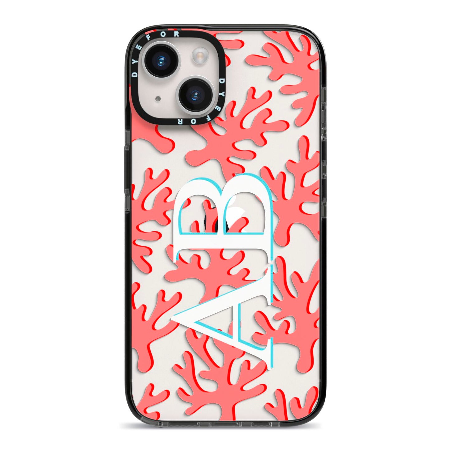 Custom Coral Initials iPhone 14 Black Impact Case on Silver phone