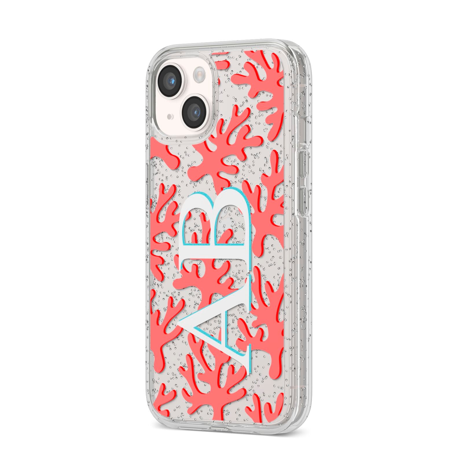 Custom Coral Initials iPhone 14 Glitter Tough Case Starlight Angled Image