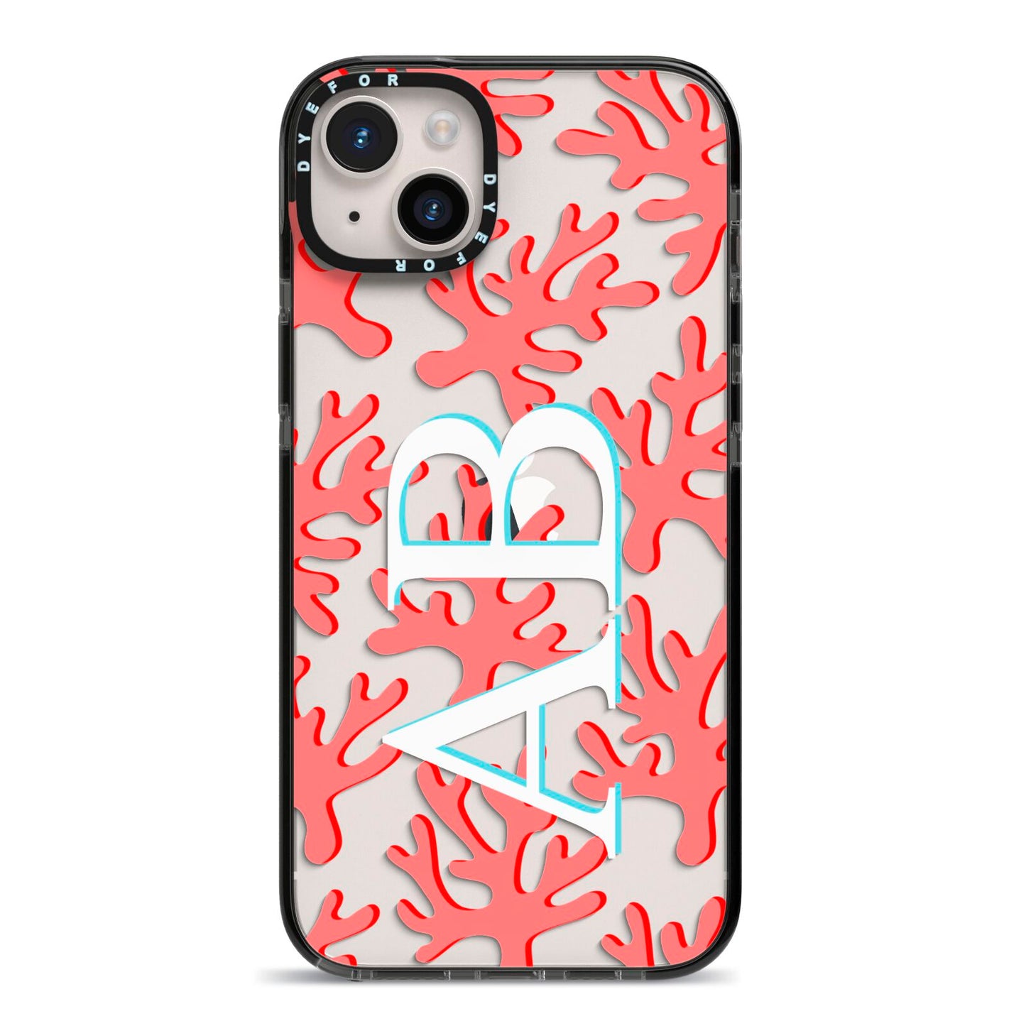Custom Coral Initials iPhone 14 Plus Black Impact Case on Silver phone