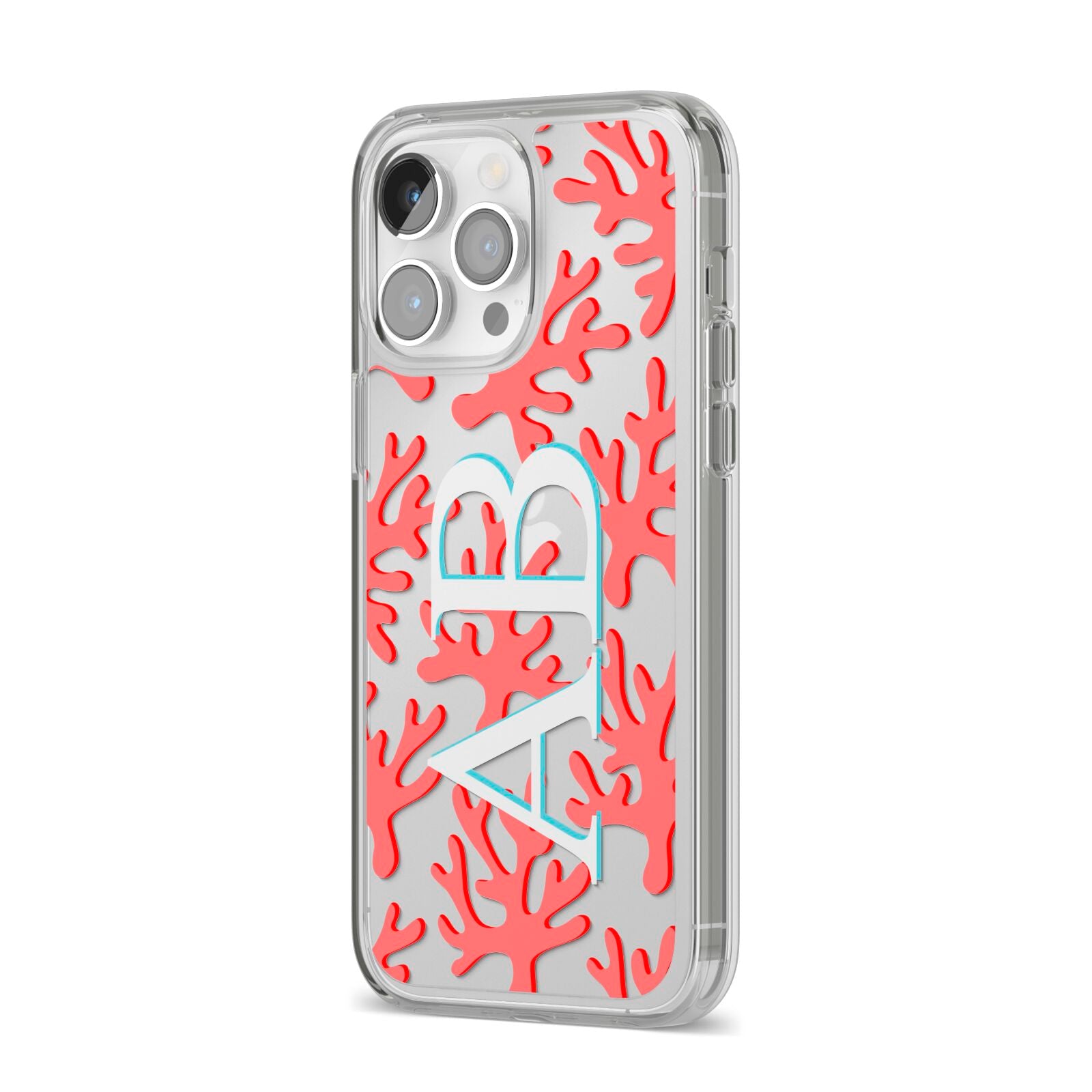 Custom Coral Initials iPhone 14 Pro Max Clear Tough Case Silver Angled Image