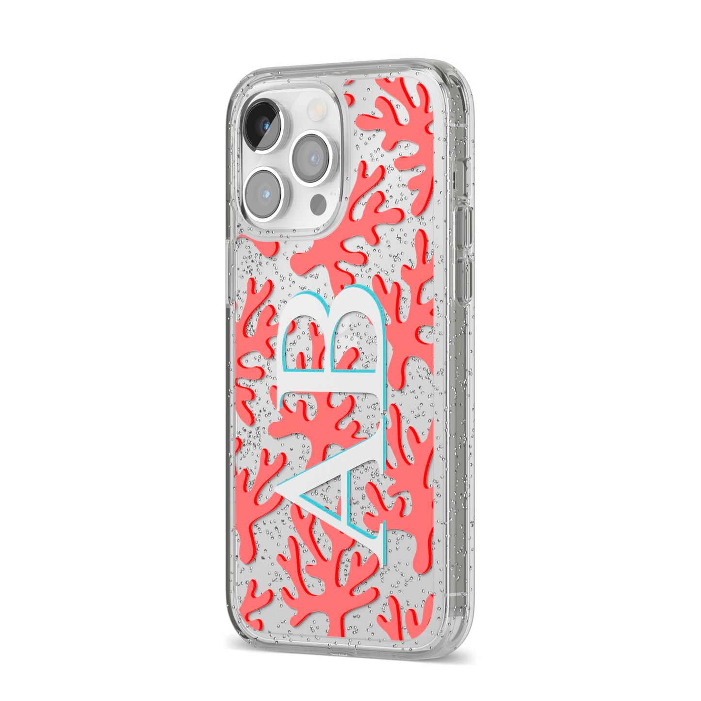 Custom Coral Initials iPhone 14 Pro Max Glitter Tough Case Silver Angled Image
