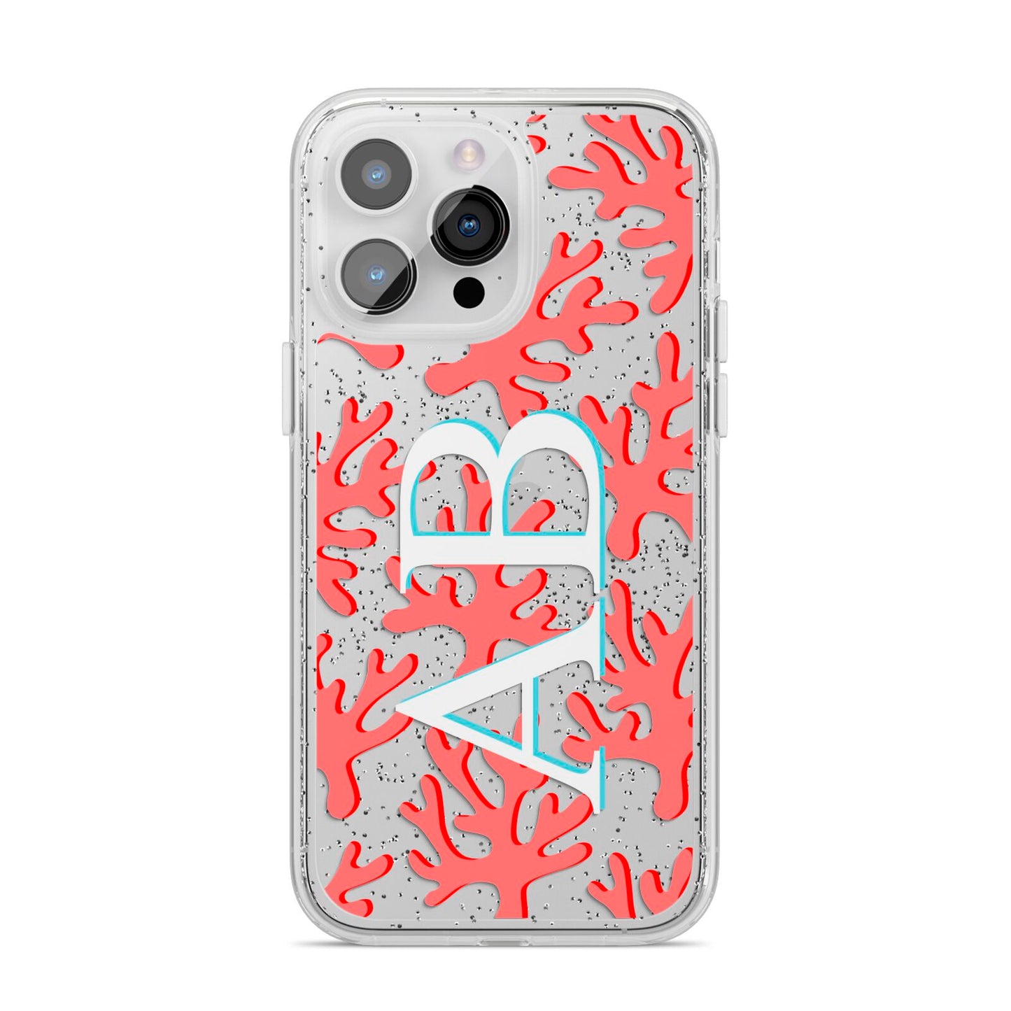 Custom Coral Initials iPhone 14 Pro Max Glitter Tough Case Silver