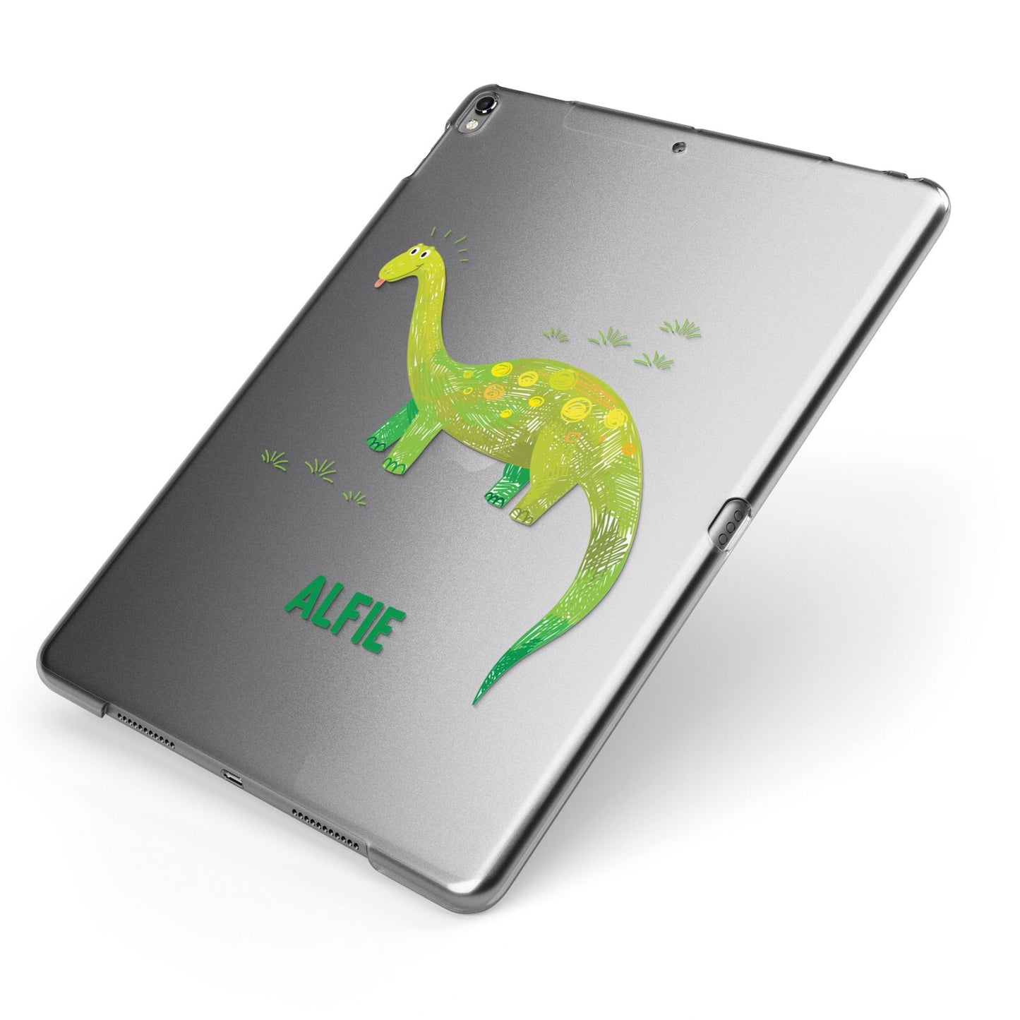 Custom Dinosaur Apple iPad Case on Grey iPad Side View