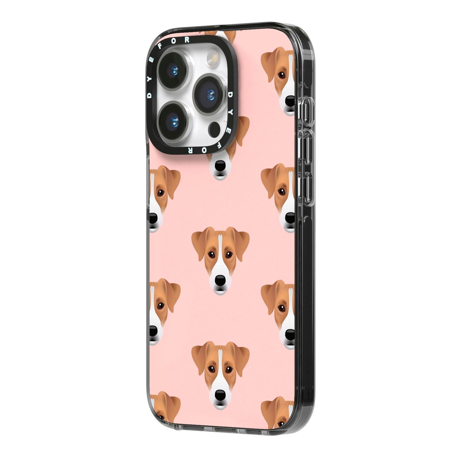 Custom Dog iPhone 14 Pro Black Impact Case Side Angle on Silver phone