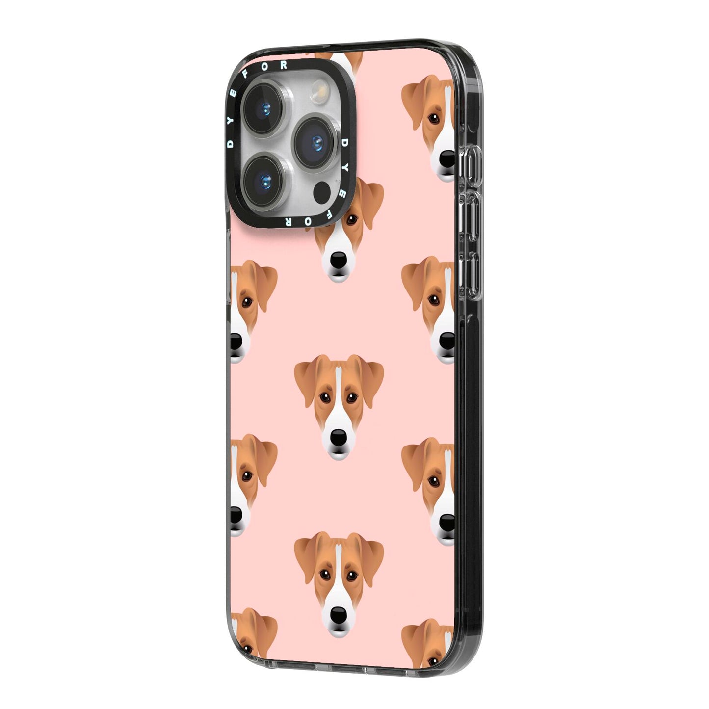 Custom Dog iPhone 14 Pro Max Black Impact Case Side Angle on Silver phone