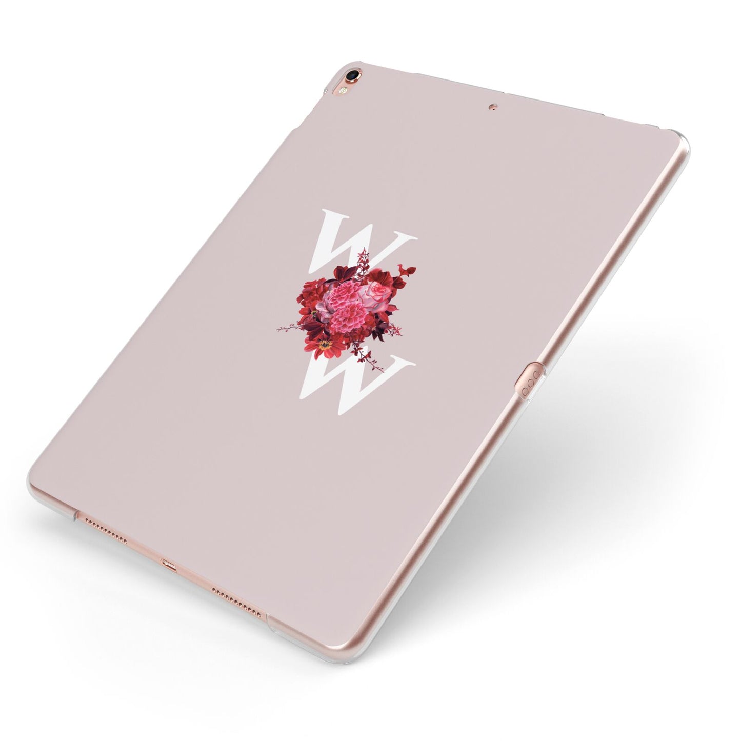 Custom Dual Initial Floral Apple iPad Case on Rose Gold iPad Side View
