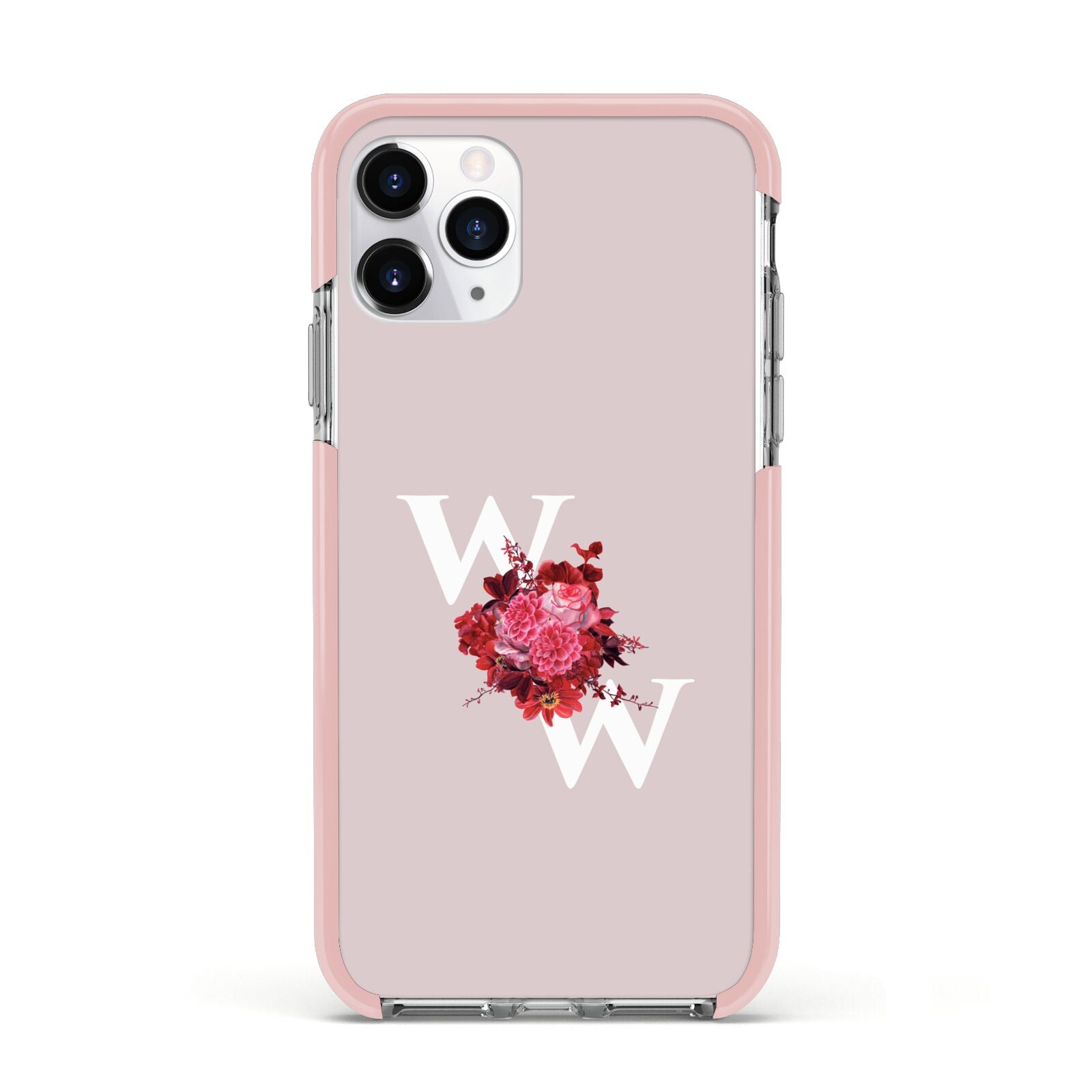 Custom Dual Initial Floral Apple iPhone 11 Pro in Silver with Pink Impact Case