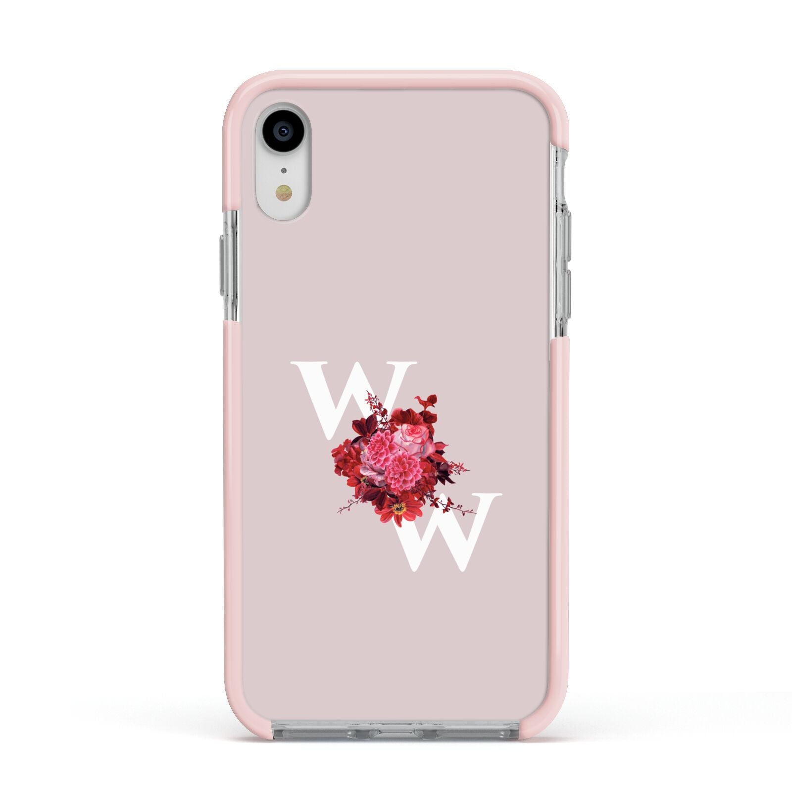 Custom Dual Initial Floral Apple iPhone XR Impact Case Pink Edge on Silver Phone