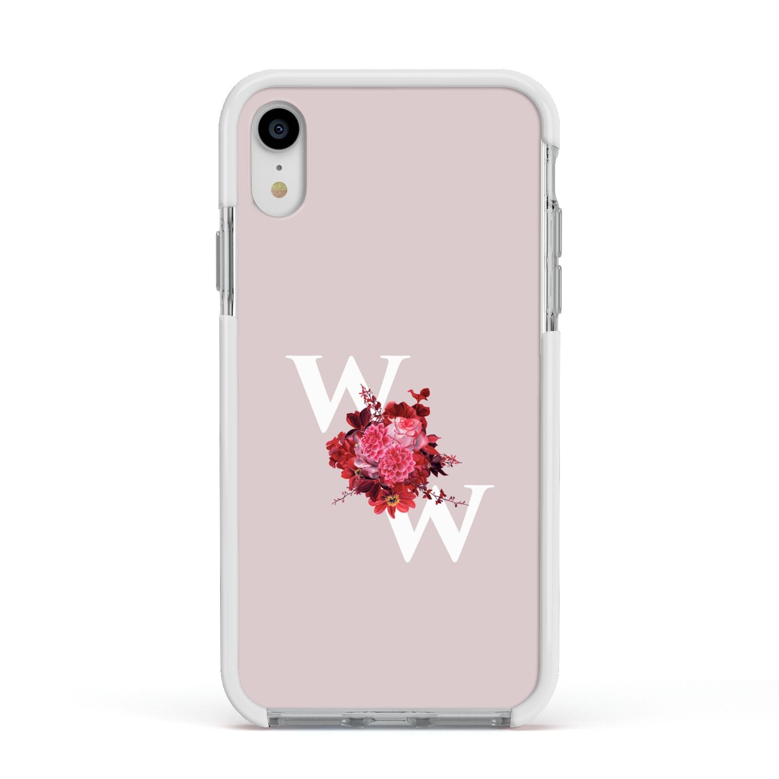 Custom Dual Initial Floral Apple iPhone XR Impact Case White Edge on Silver Phone