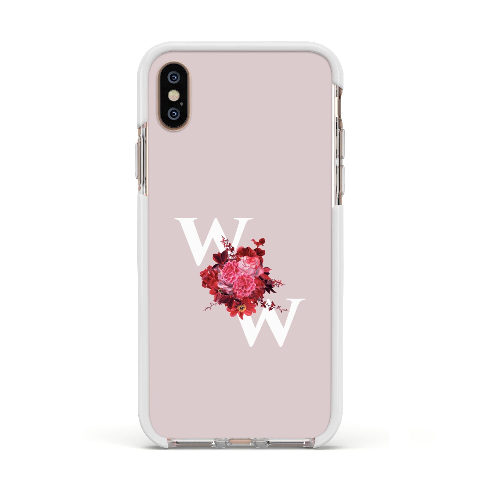 Custom Dual Initial Floral Apple iPhone Xs Impact Case White Edge on Gold Phone
