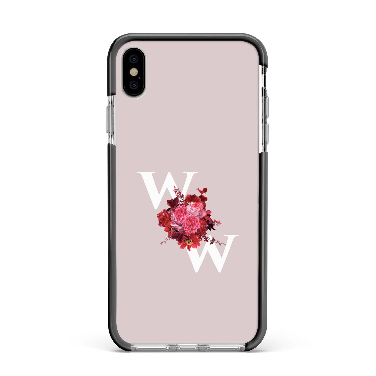 Custom Dual Initial Floral Apple iPhone Xs Max Impact Case Black Edge on Silver Phone