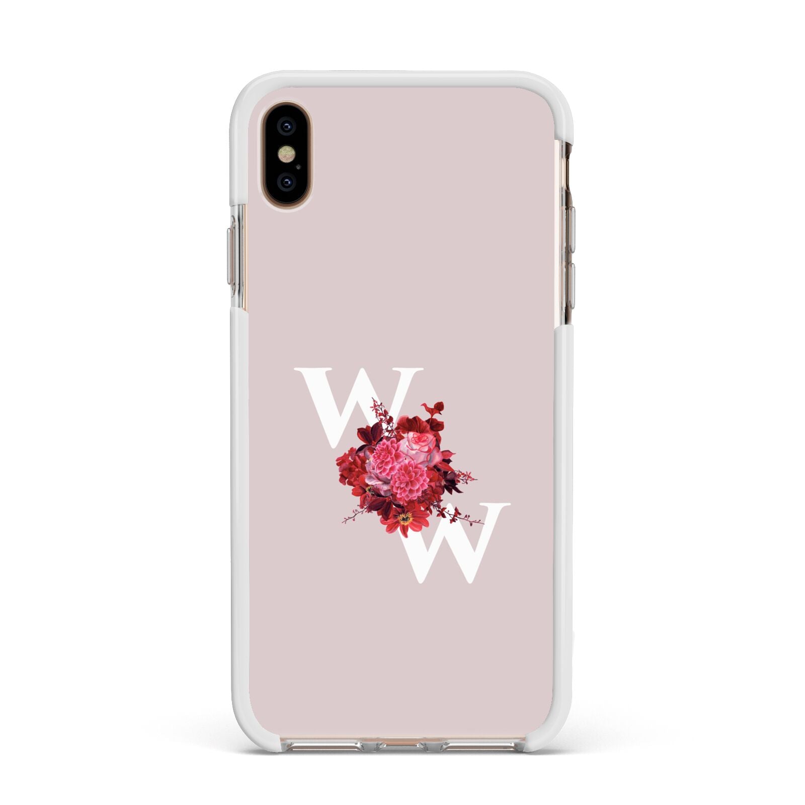Custom Dual Initial Floral Apple iPhone Xs Max Impact Case White Edge on Gold Phone